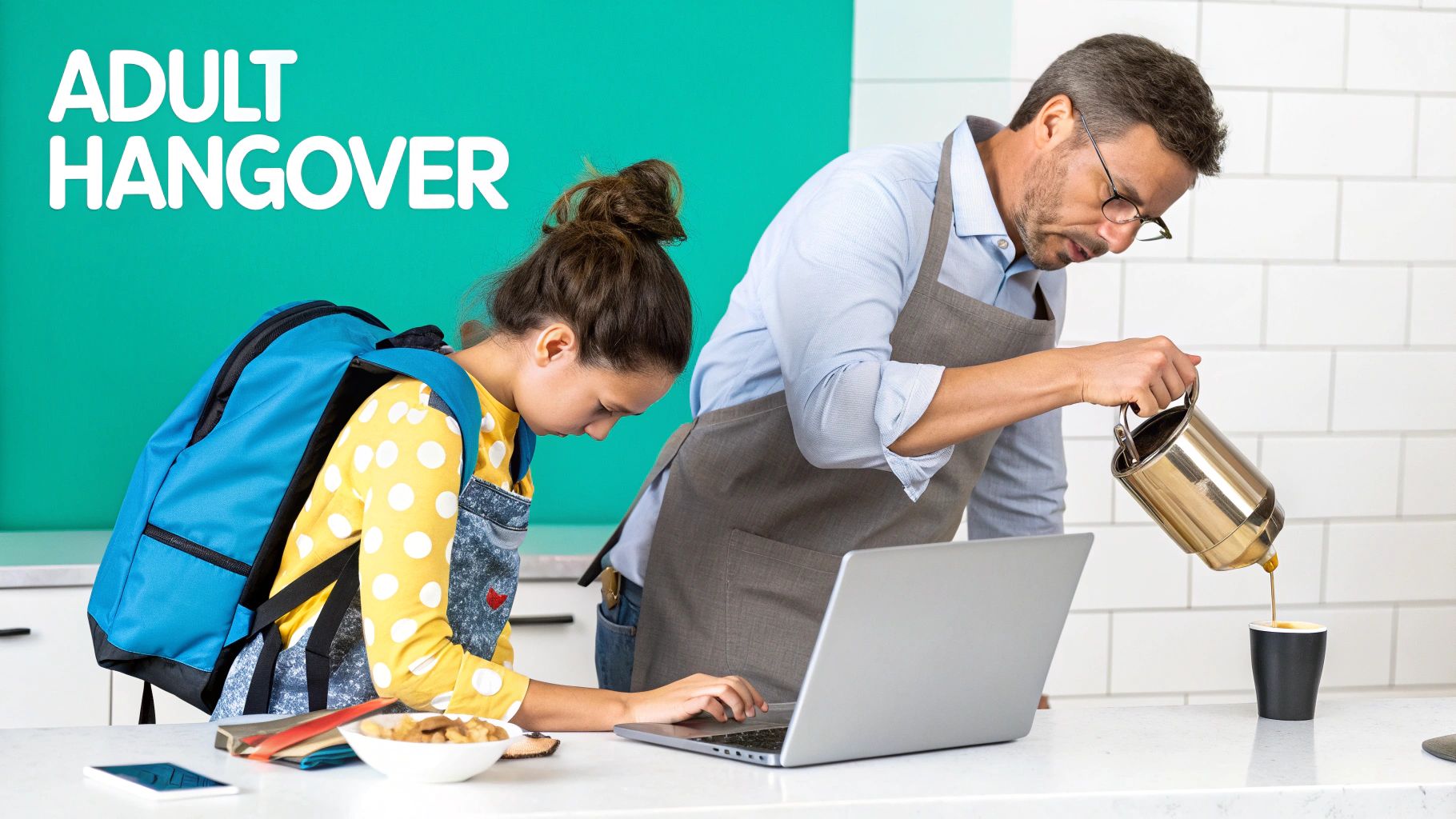 A stressed person with a laptop and coffee, implying modern adult life.