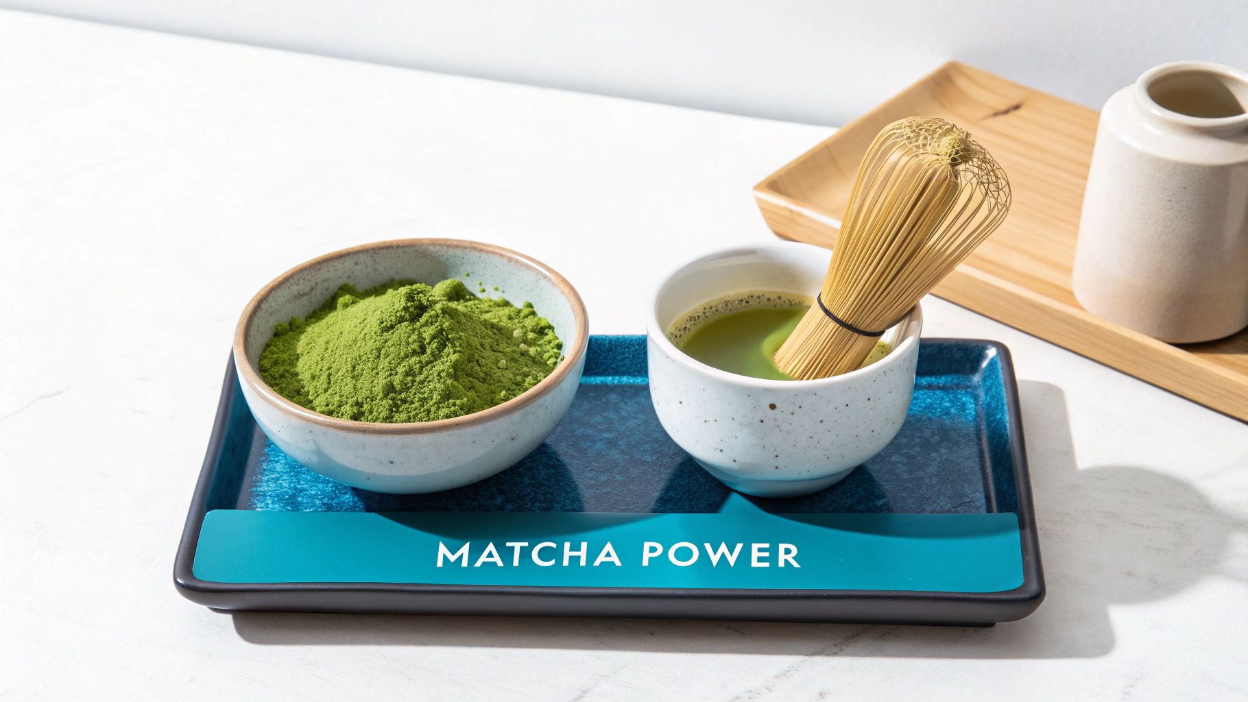 A bowl of vibrant green matcha powder and a cup of whisked matcha tea with a bamboo whisk on a blue tray, with text MATCHA POWER.