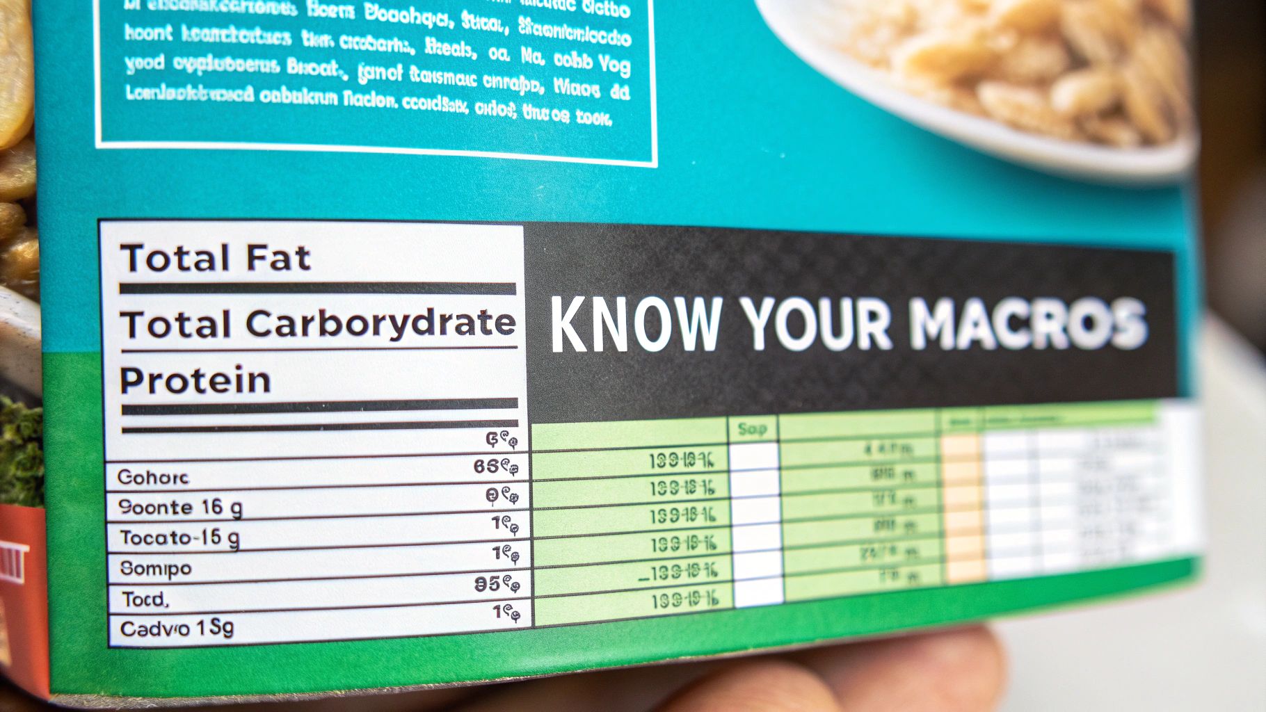 Close-up of a food nutrition label displaying sections for 'Total Fat', 'Total Carbohydrate', 'Protein', and 'KNOW YOUR MACROS'.