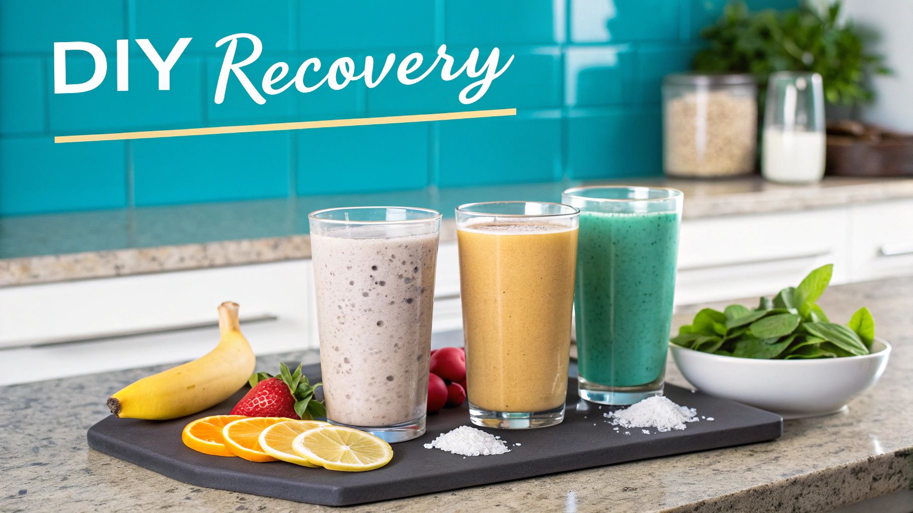 Three colorful recovery smoothies with fresh fruits and greens on kitchen counter