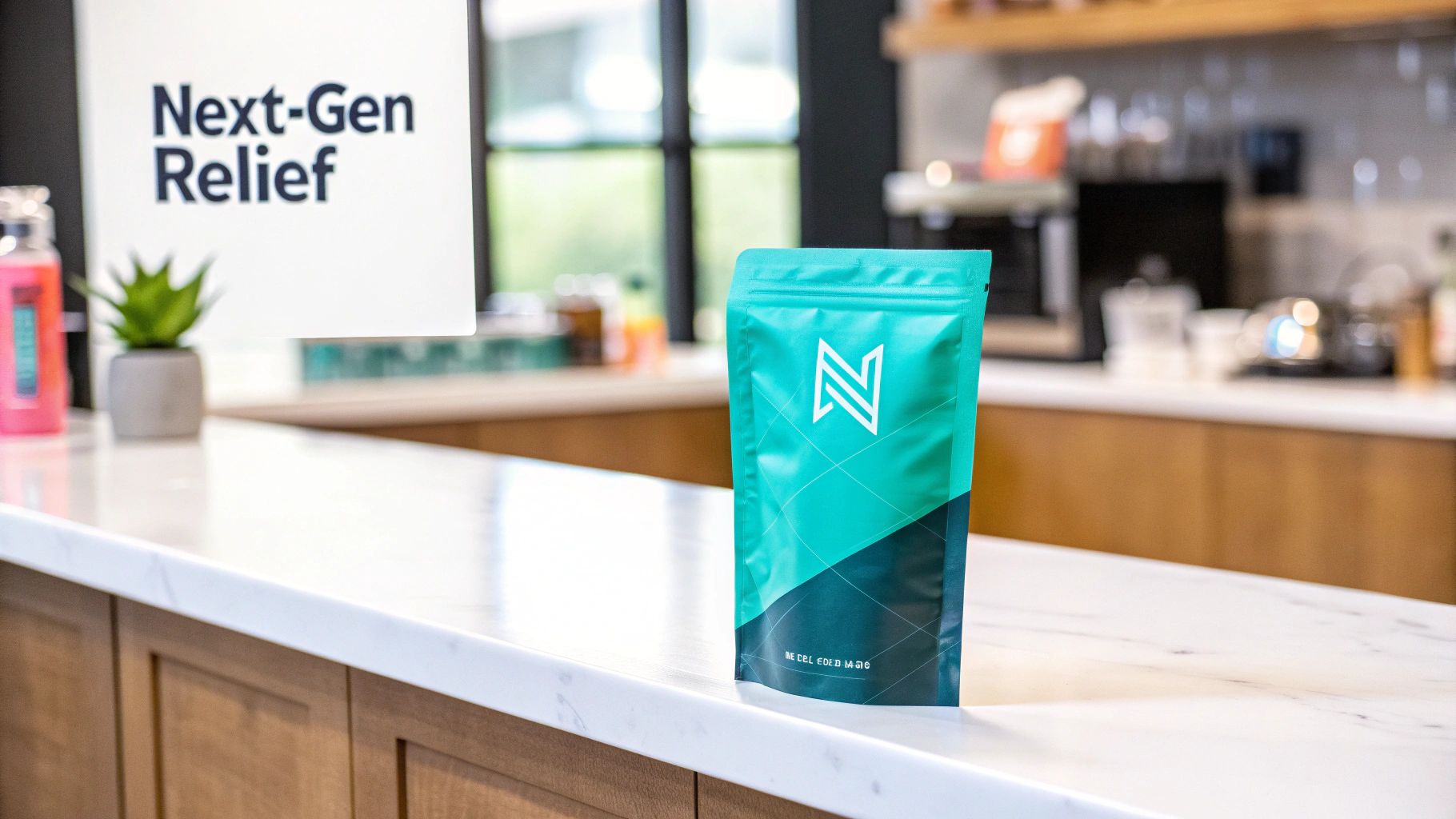 A sleek sachet of Upside Hangover Jelly next to a cocktail glass, conveying a modern and sophisticated approach to hangover recovery.