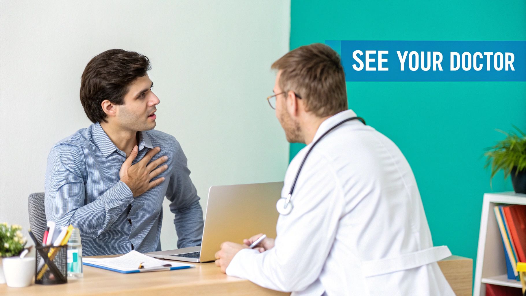 A man consults a doctor, gesturing towards his chest, with 'SEE YOUR DOCTOR' visible.