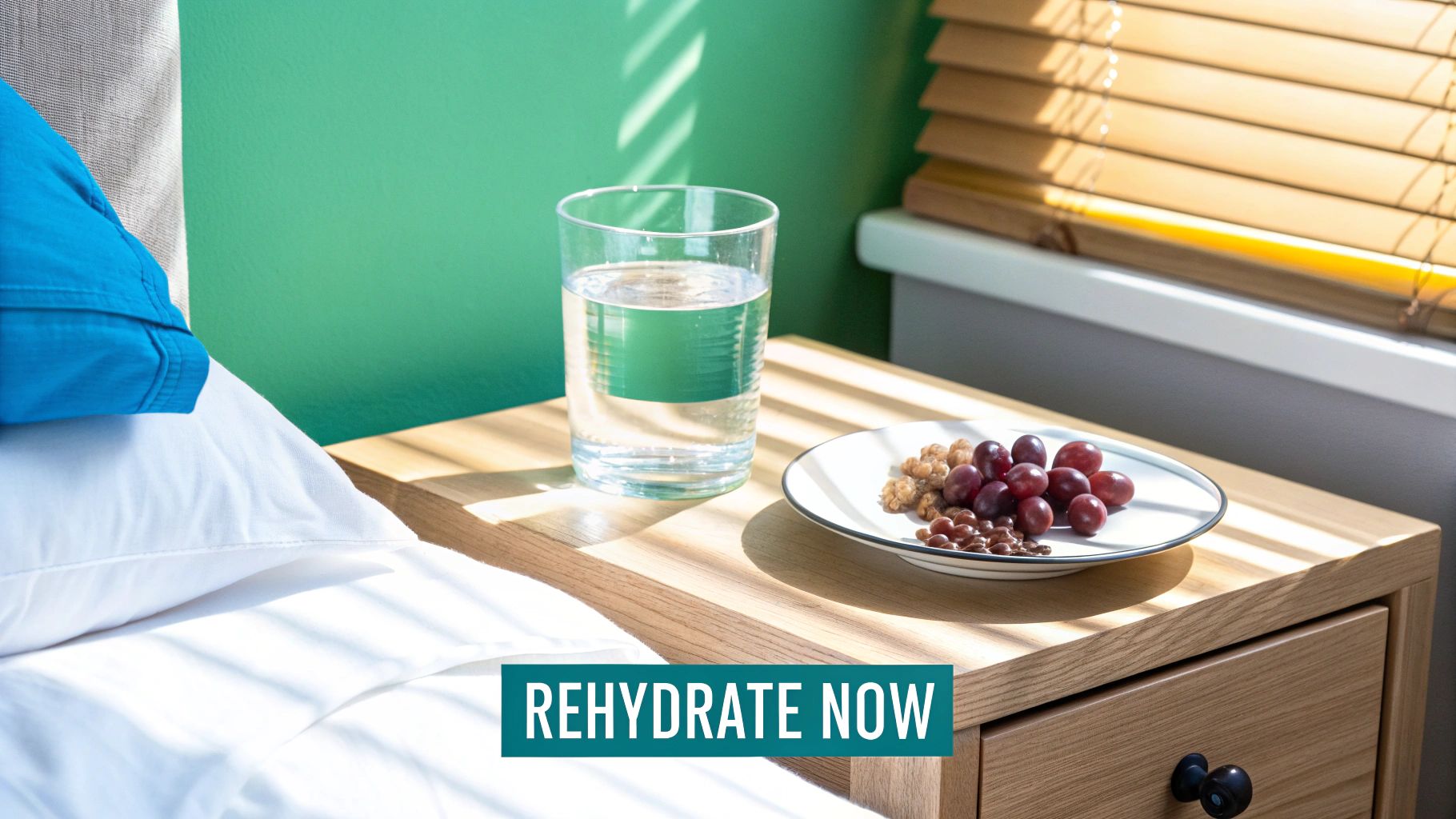 Glass of water with healthy snacks on bedside table for hangover prevention and hydration