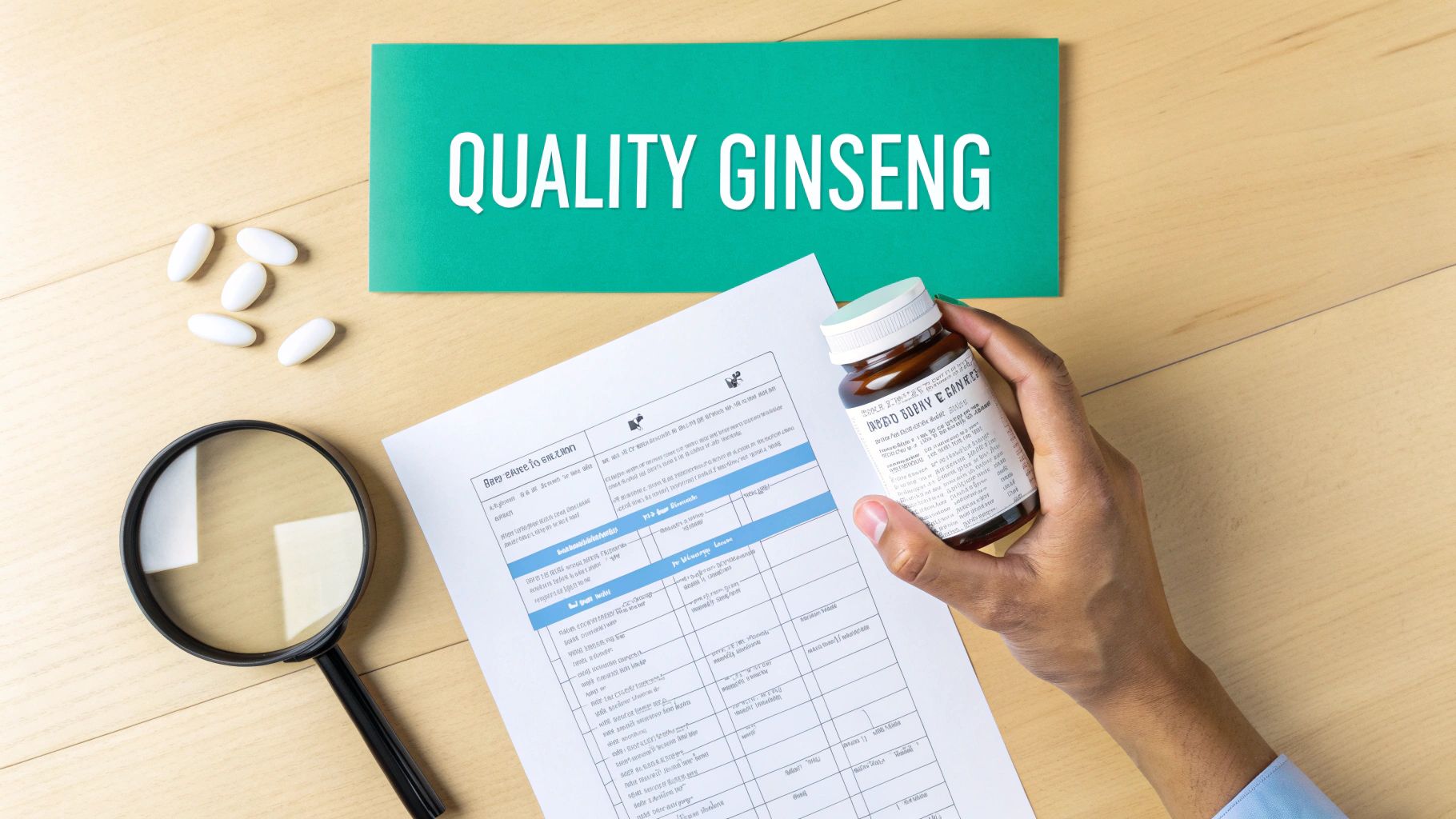 A close-up of a person's hand holding a high-quality Korean ginseng supplement, with the product label clearly visible.