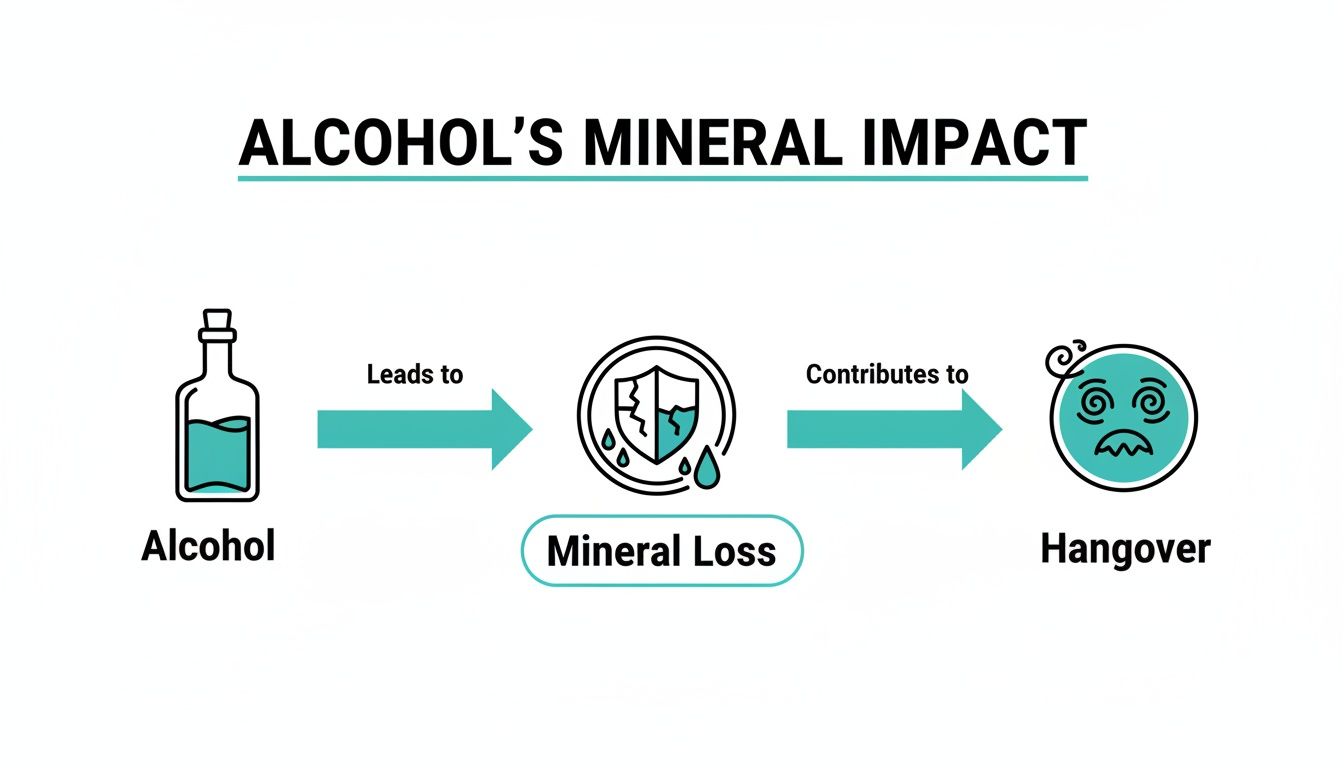 A diagram illustrating alcohol's impact on mineral loss, ultimately contributing to a hangover.
