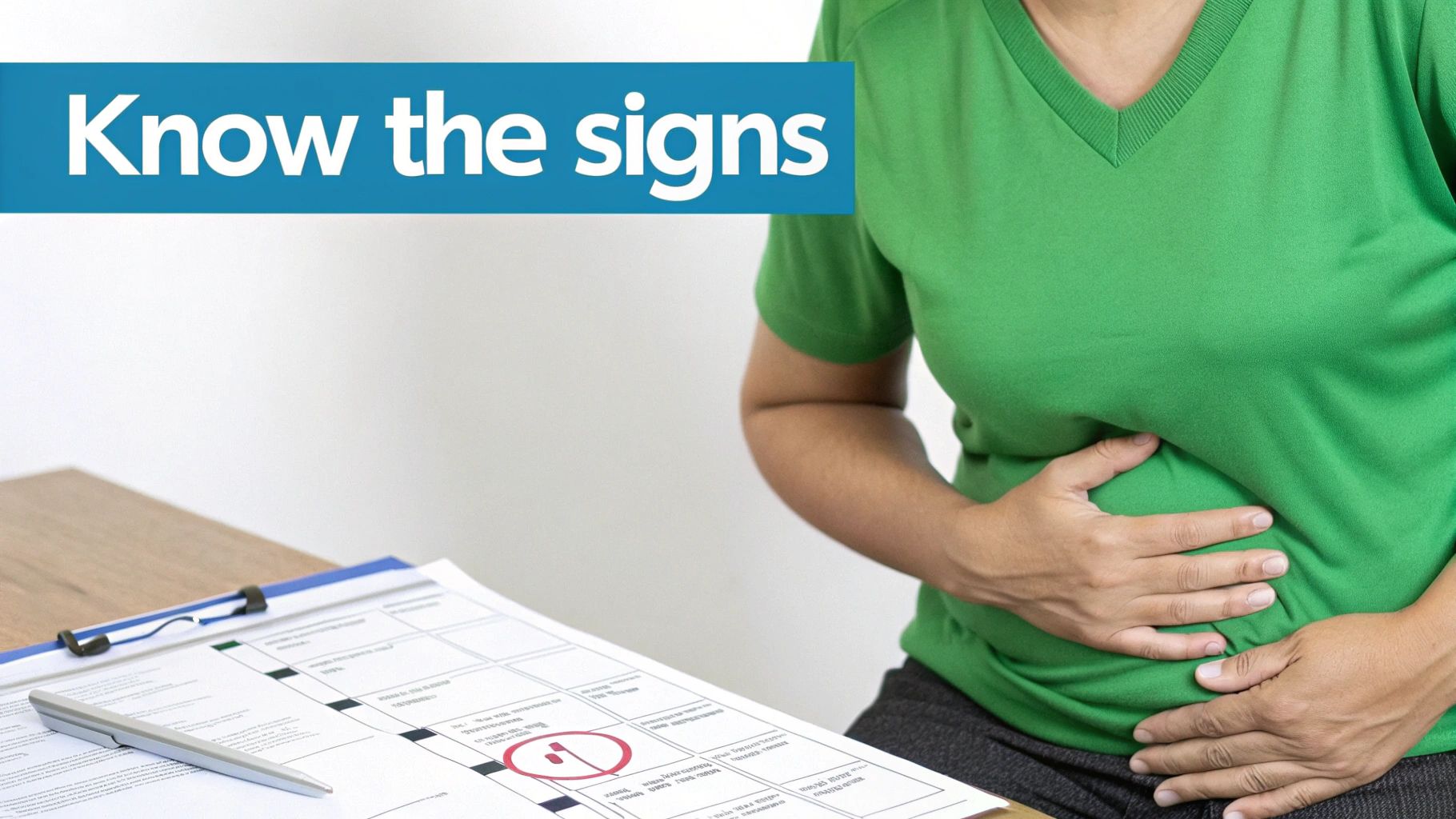 A person holding their side, indicating potential abdominal discomfort related to liver issues.