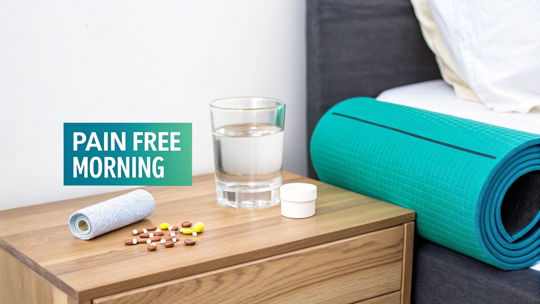 A bedside table with a glass of water, pills, a small container, and a yoga mat for a pain-free morning.