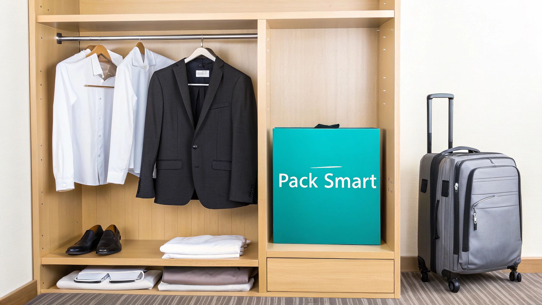 An organized wooden closet with business attire, folded clothes, shoes, and a 'Pack Smart' box, beside a gray suitcase.