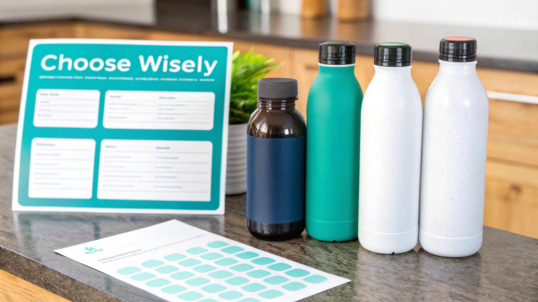 Various no hangover drink sachets and bottles on a table.