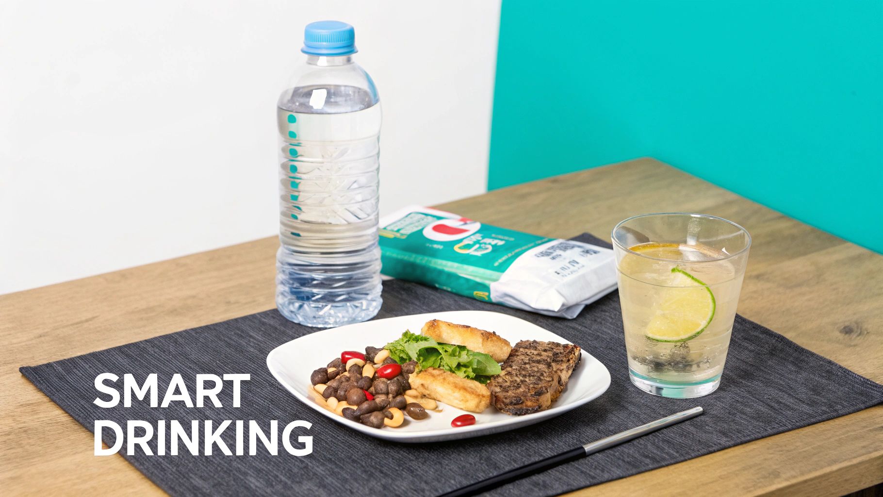 A person mindfully preparing a glass of water next to a cocktail, illustrating a smart drinking strategy.