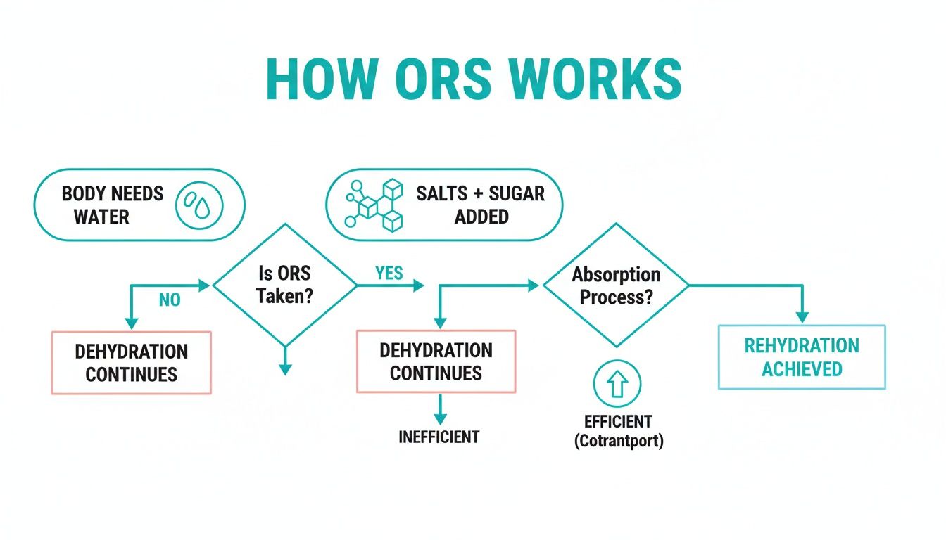 A flowchart detailing how Oral Rehydration Solution (ORS) works to achieve rehydration efficiently.