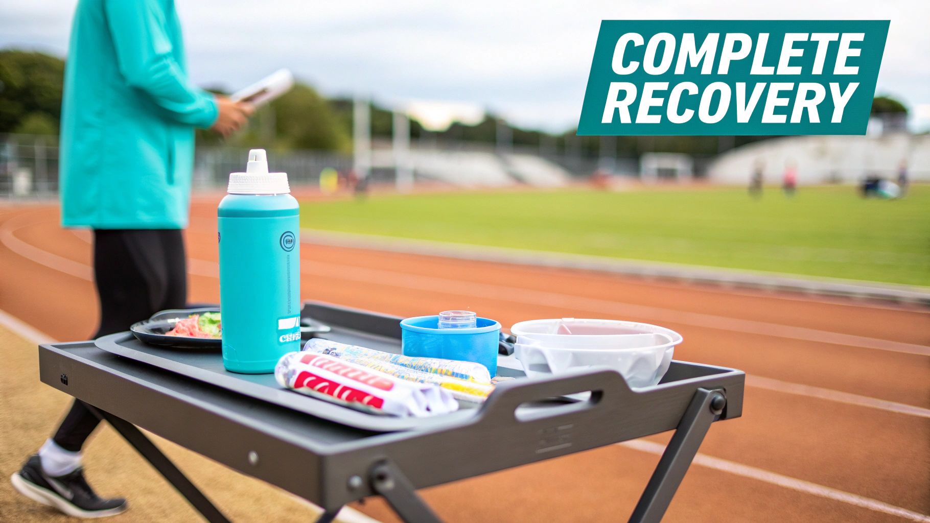 Sports recovery station with water bottle, supplements, and nutrition on track sideline