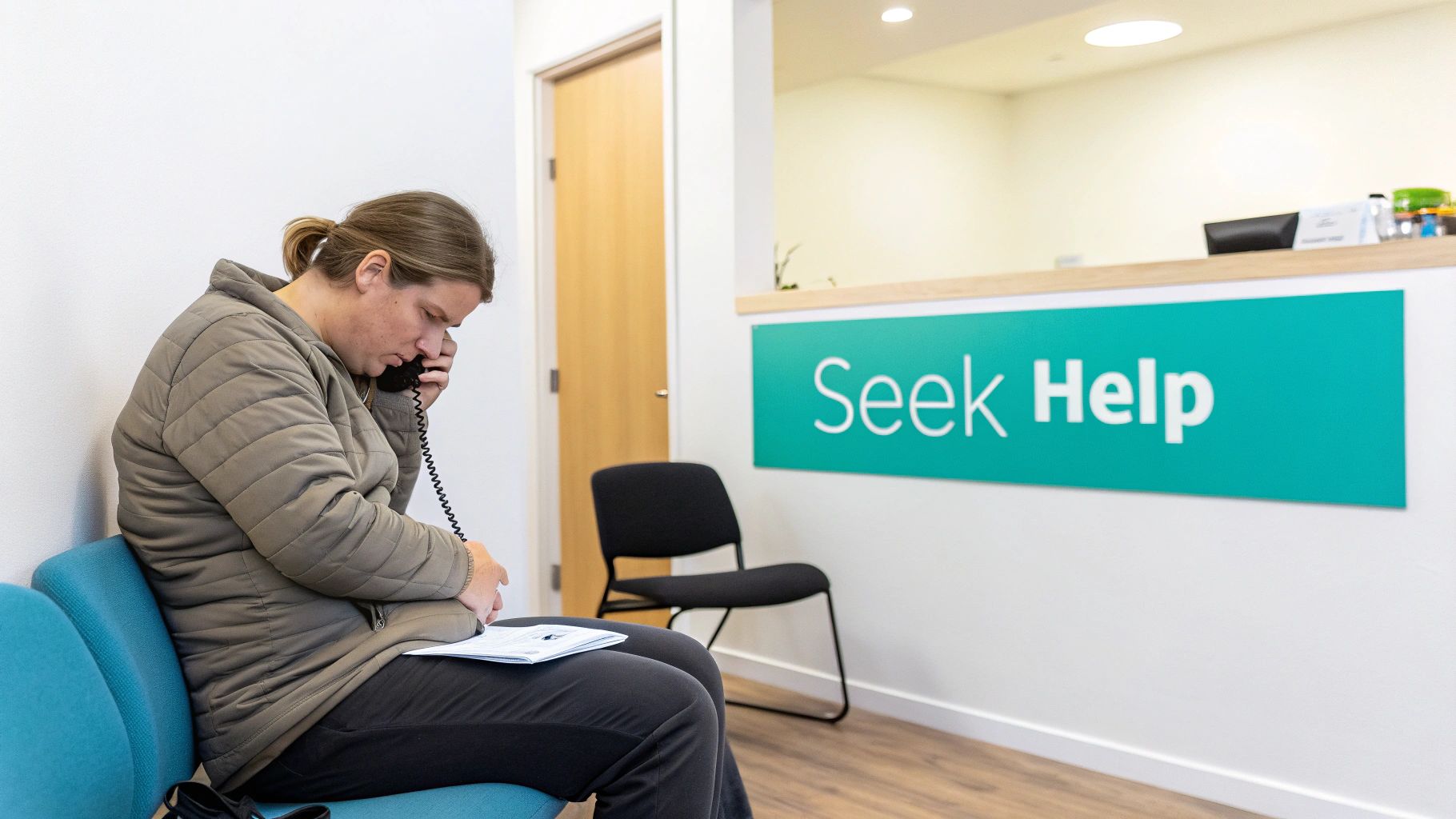 A woman sits in a waiting room talking on a phone, with a 'Seek Help' sign in the background.