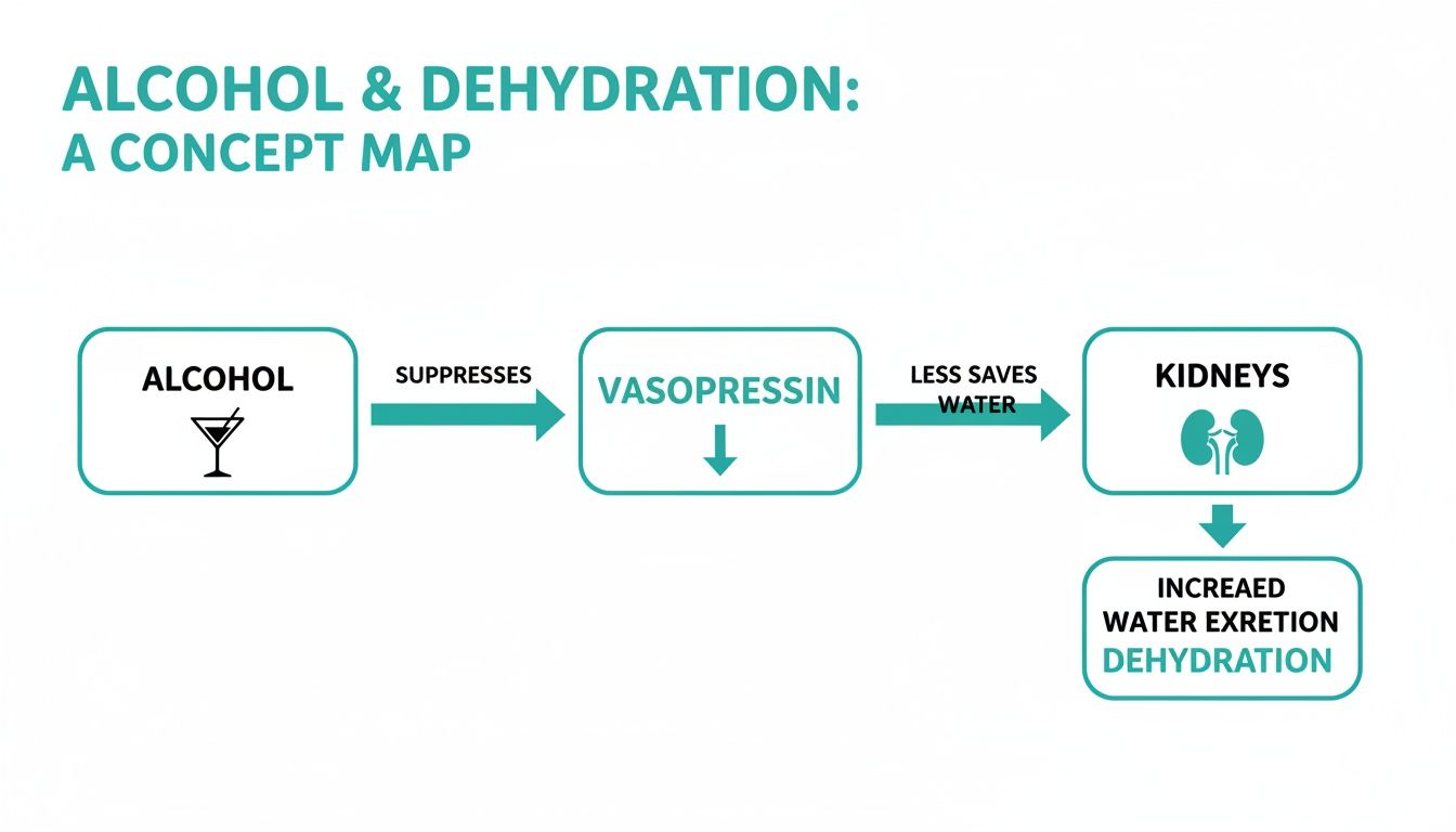 A concept map illustrates how alcohol suppresses vasopressin, leading to less water saved by kidneys and increased water excretion, causing dehydration.