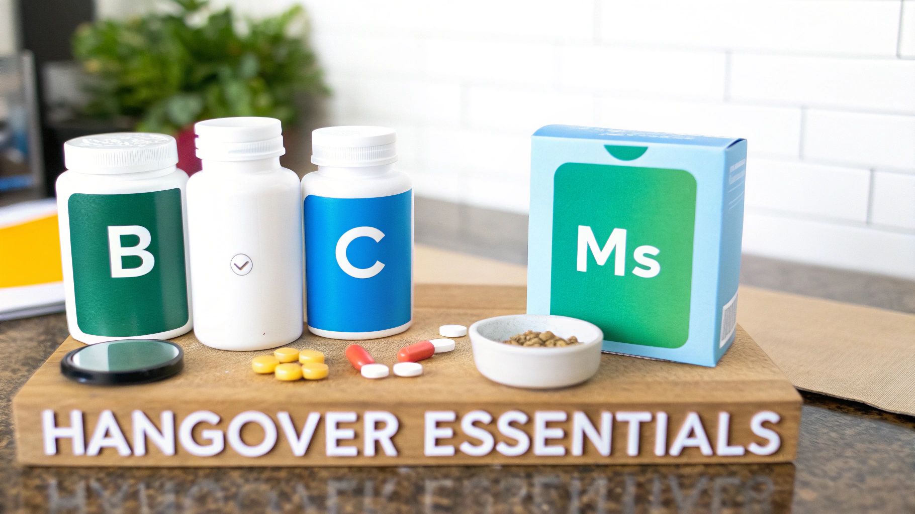 A collection of vitamin bottles (B, C, Ms), pills, and granules on a 'Hangover Essentials' board.