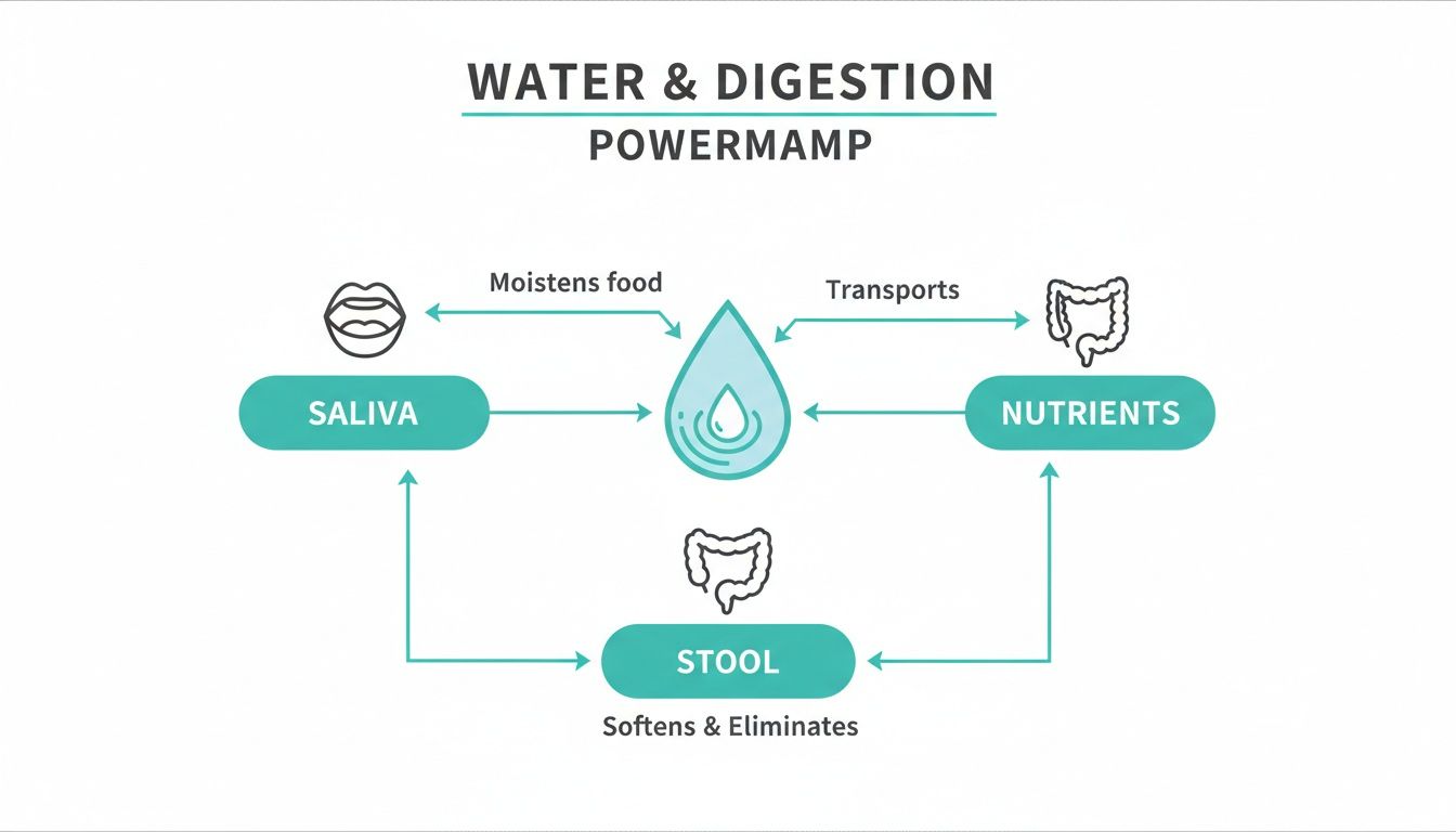 A diagram illustrating the role of water in the digestion process, connecting saliva, nutrients, and stool.