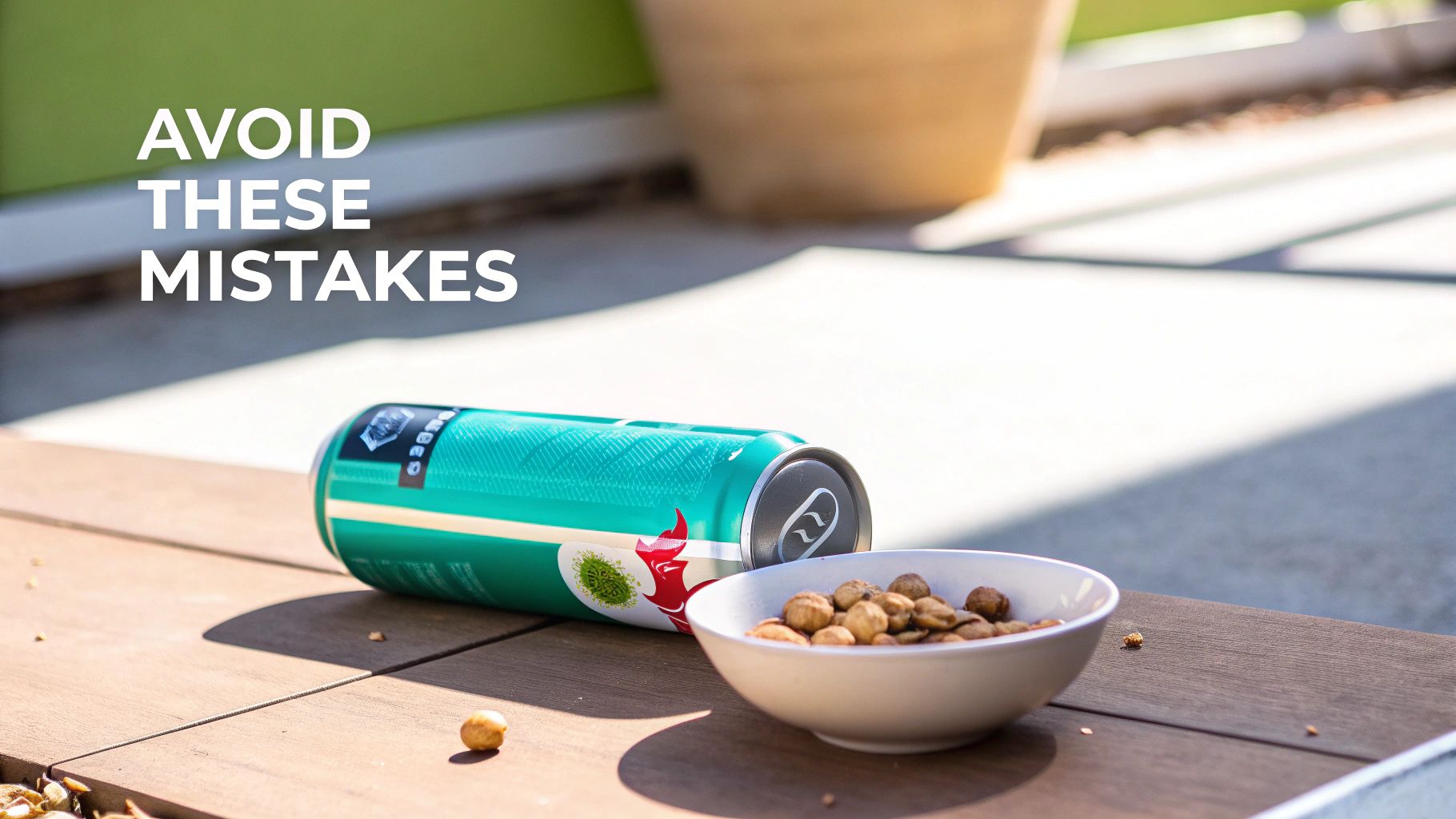 A teal beverage can and a white bowl of roasted nuts on a wooden deck, with overlay text 'AVOID THESE MISTAKES'.