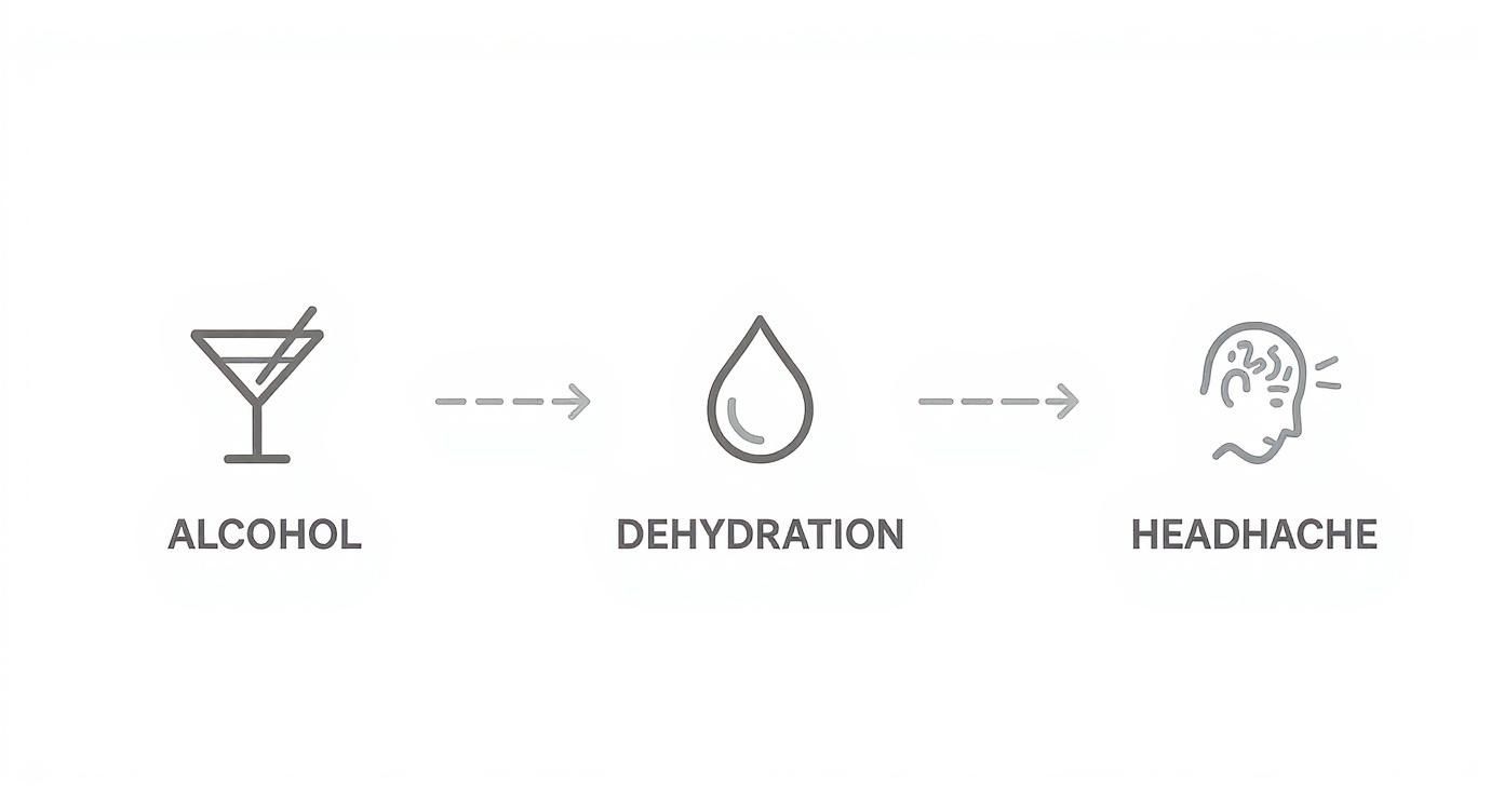 A diagram illustrating the progression from alcohol consumption to dehydration, then leading to a headache.