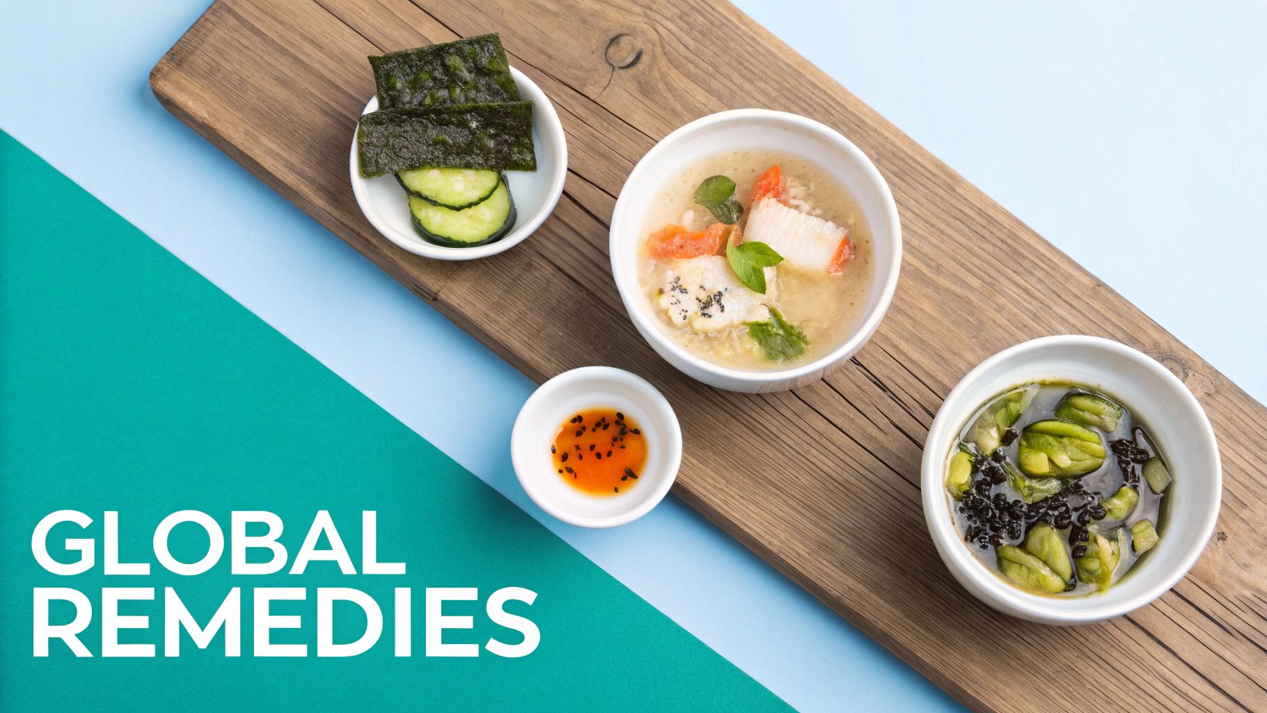 Overhead view of several small white bowls of healthy food on a wooden board.