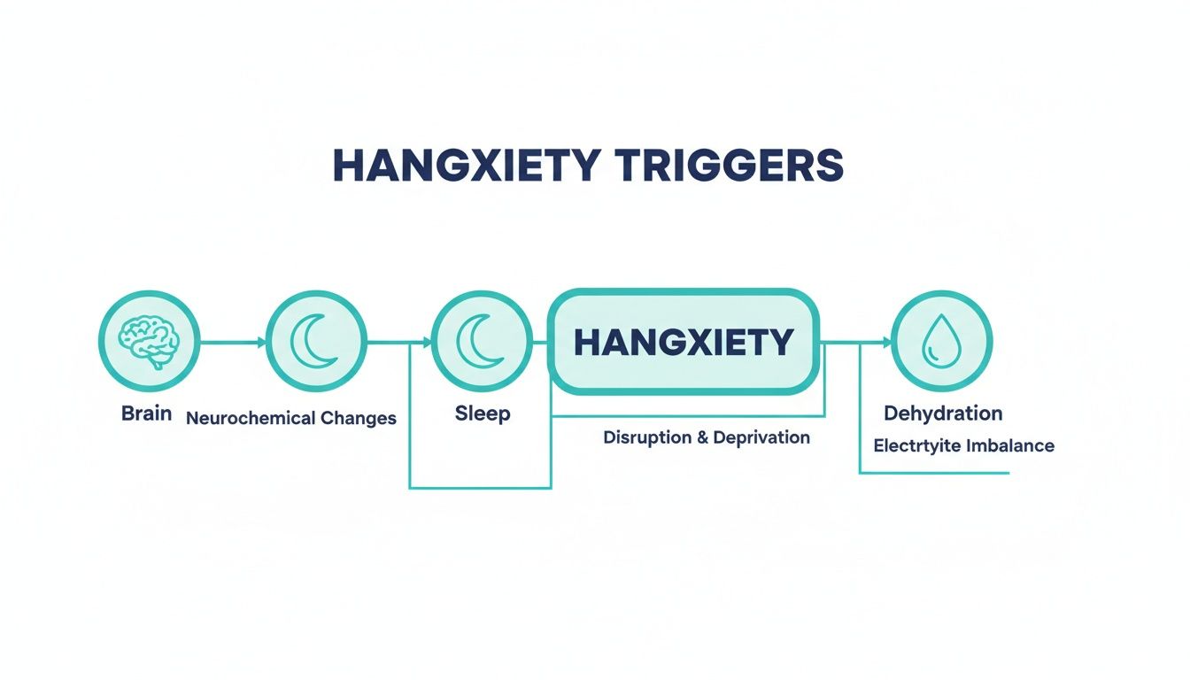 Flowchart explaining hangxiety triggers: brain, neurochemical changes, sleep disruption, dehydration, and electrolyte imbalance.