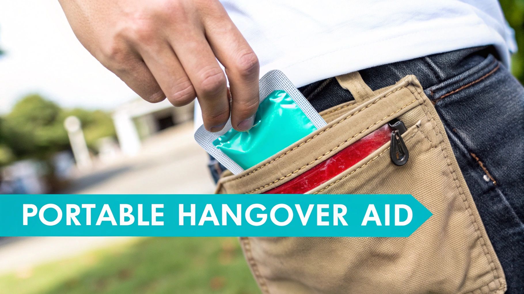 A person's hand places a teal portable hangover aid packet into a utility pants pocket.