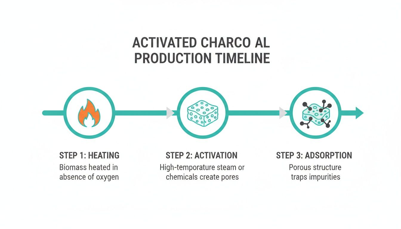 Timeline illustrating the three steps of activated charcoal production: heating, activation, and adsorption.