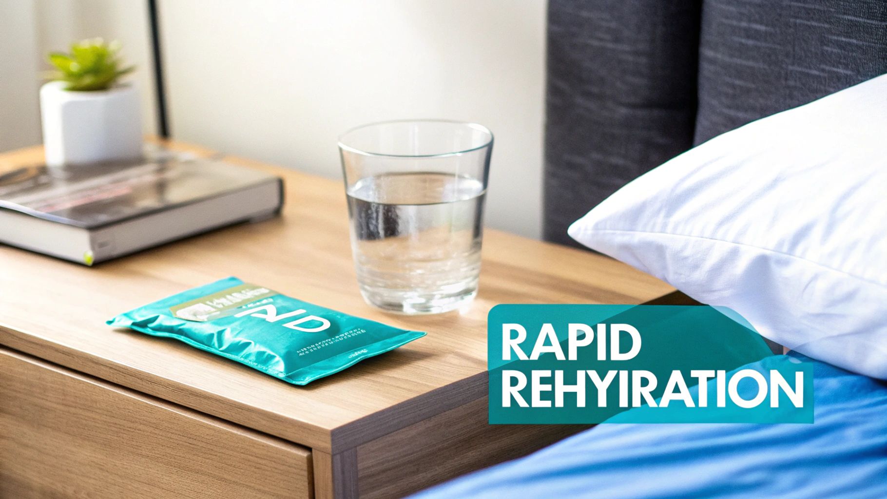 A person mixing a hydration packet into a glass of water, with citrus slices and a clean background suggesting health and recovery.