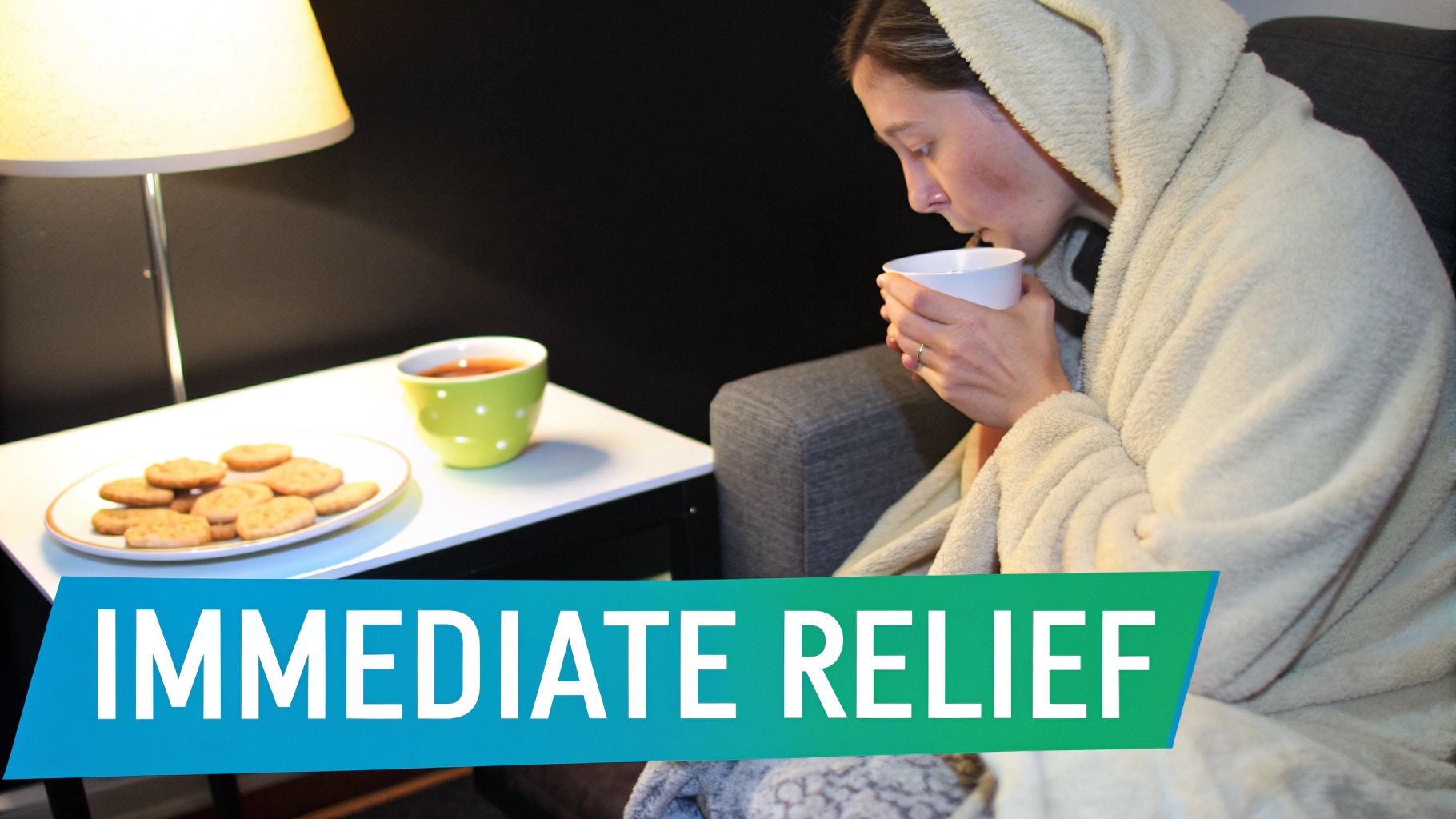 A person resting in a calm, dimly lit room with a glass of water nearby