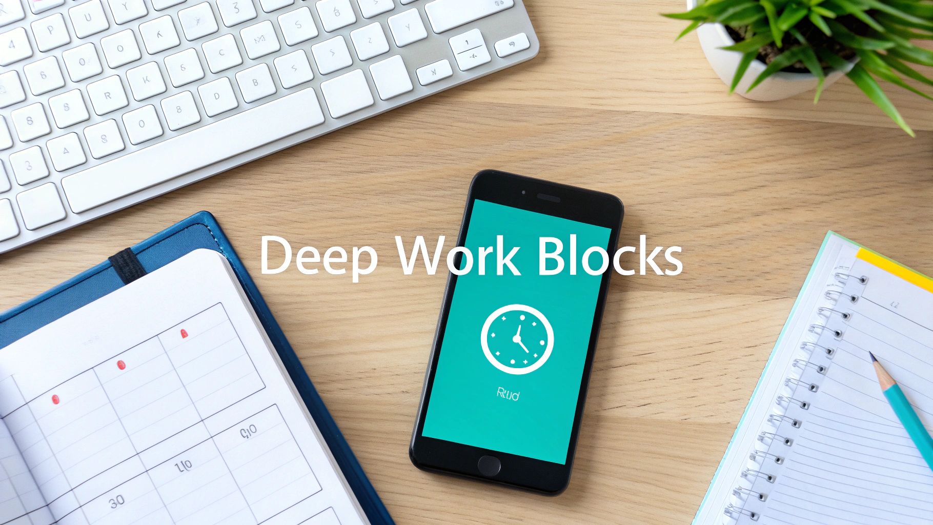 A tidy desk flat lay with a keyboard, notebook, smartphone, and 'Deep Work Blocks' text.