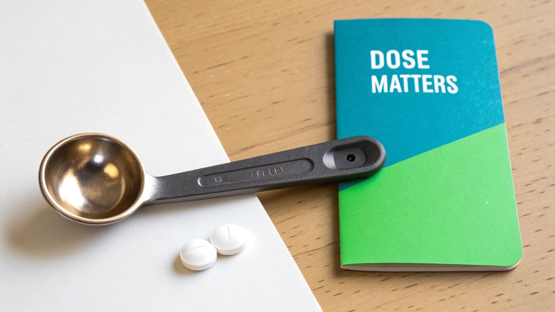 A metallic measuring spoon, two white pills, and a medical booklet on dosage.
