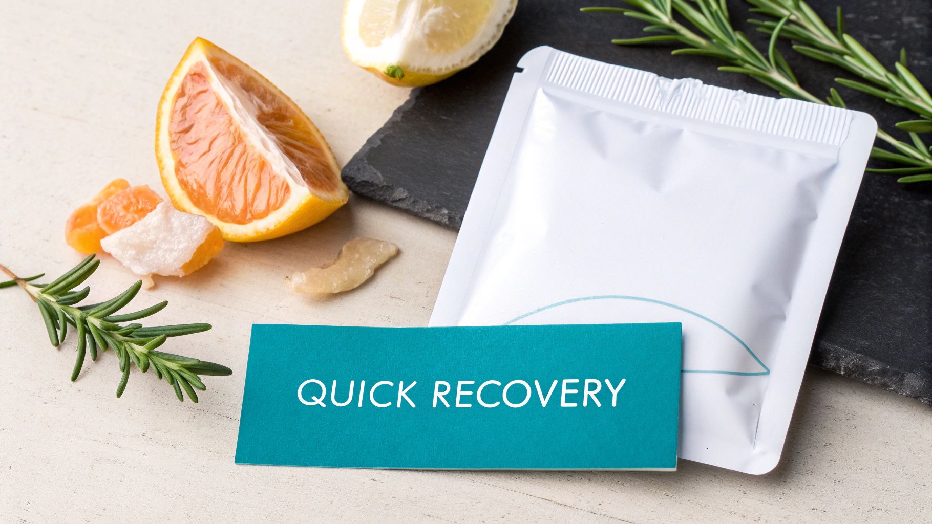 A white supplement pouch next to a teal 'QUICK RECOVERY' card, surrounded by grapefruit, lemon, and rosemary.