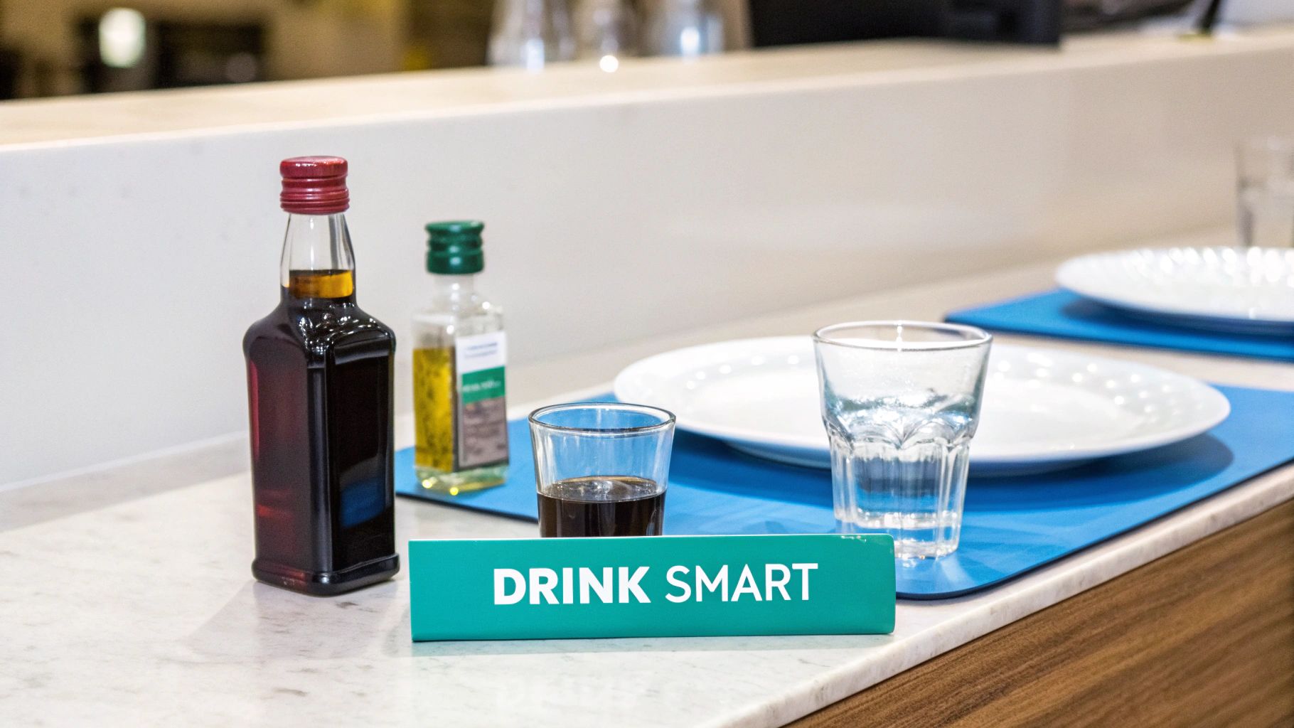 A 'DRINK SMART' sign stands on a table next to drinks, water, and plates.