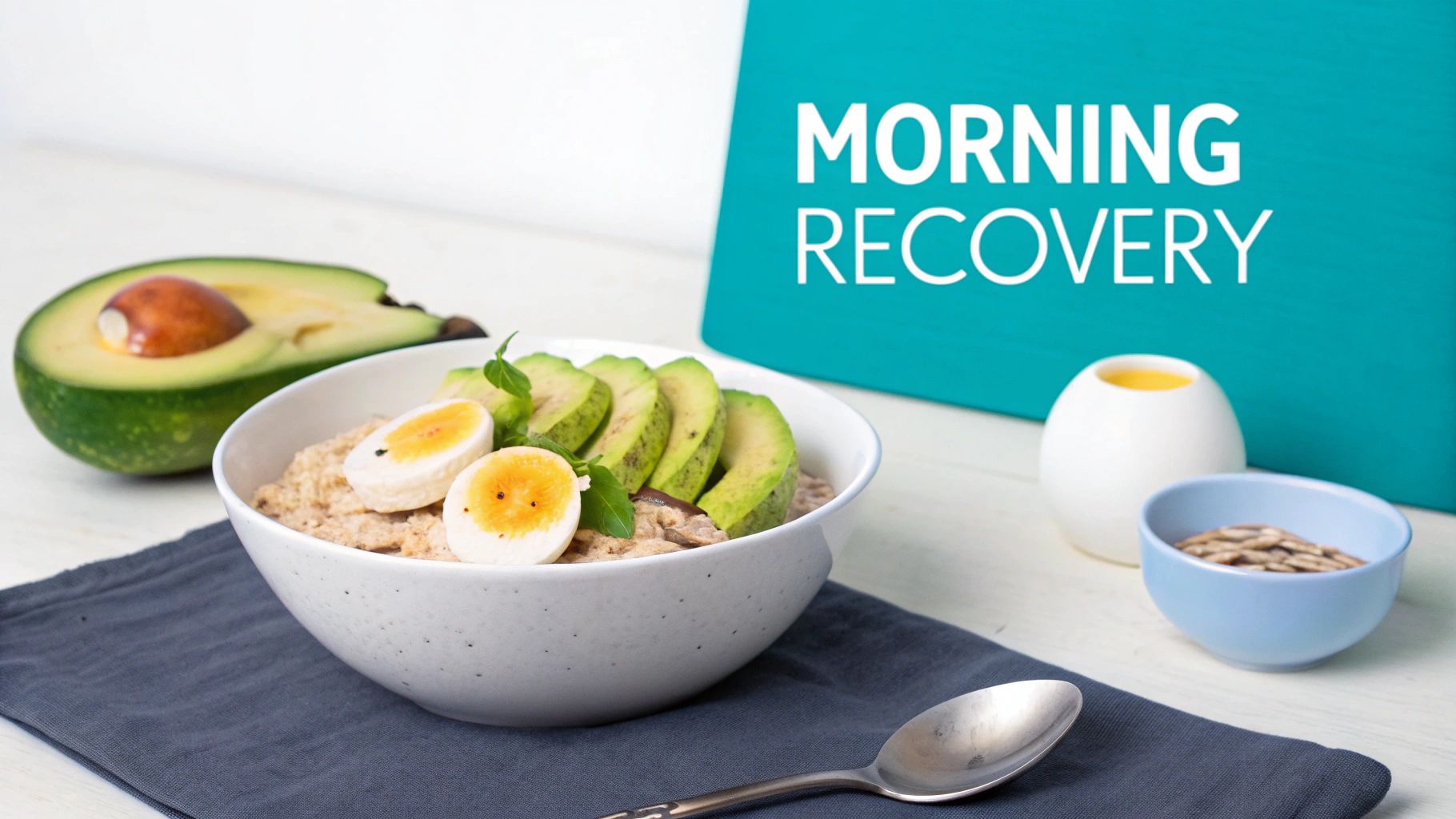Nutritious breakfast bowl featuring oatmeal, sliced avocado, and boiled eggs, with a 'Morning Recovery' sign.