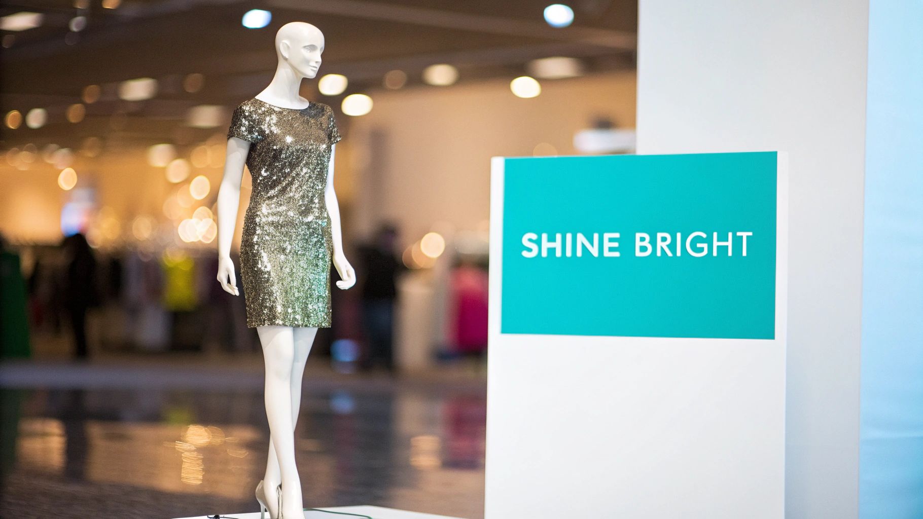 A mannequin wearing a dazzling sequined mini dress stands beside a "SHINE BRIGHT" sign.