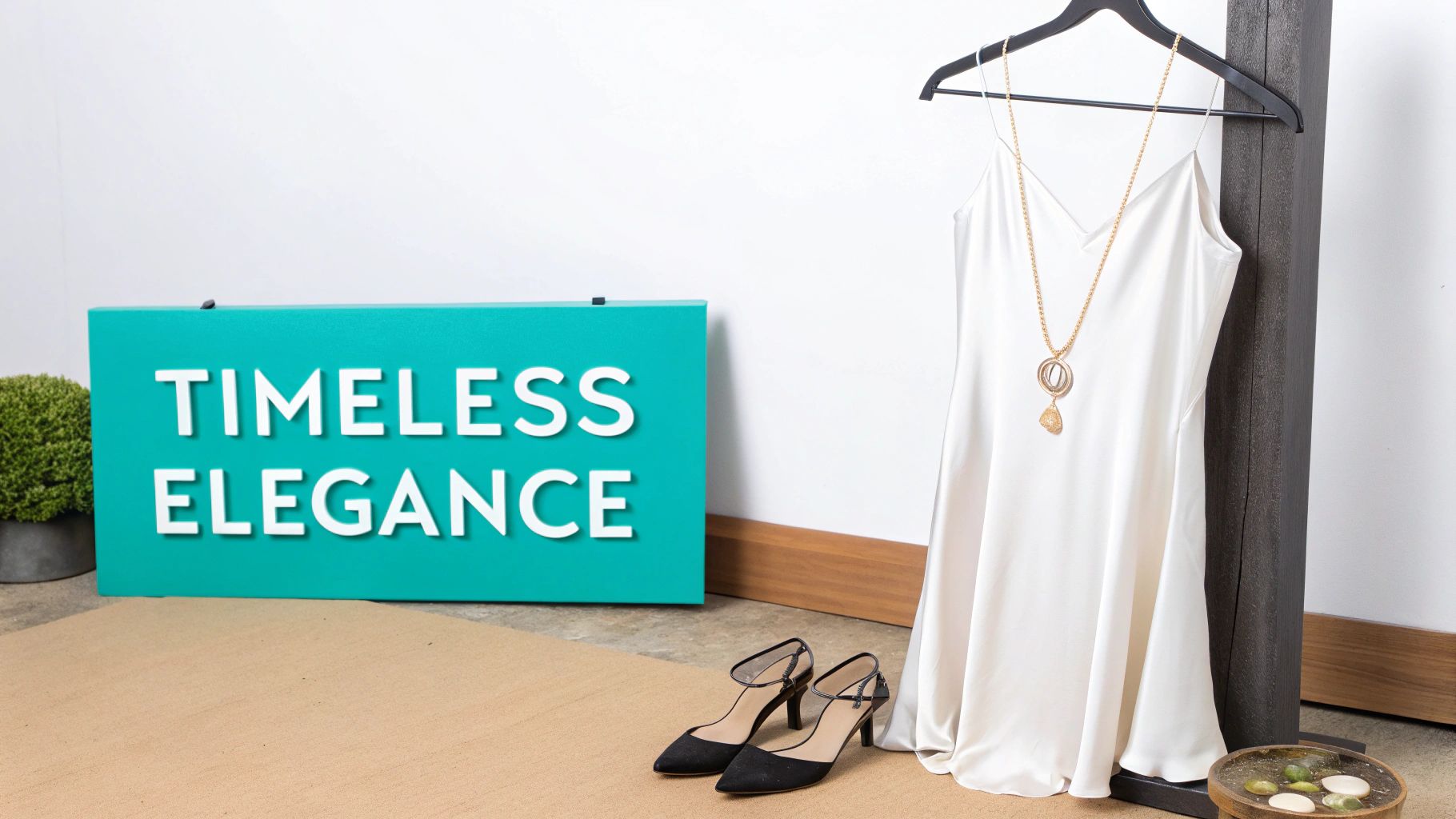 Elegant white slip dress, gold necklace, and black heels next to a "Timeless Elegance" sign.