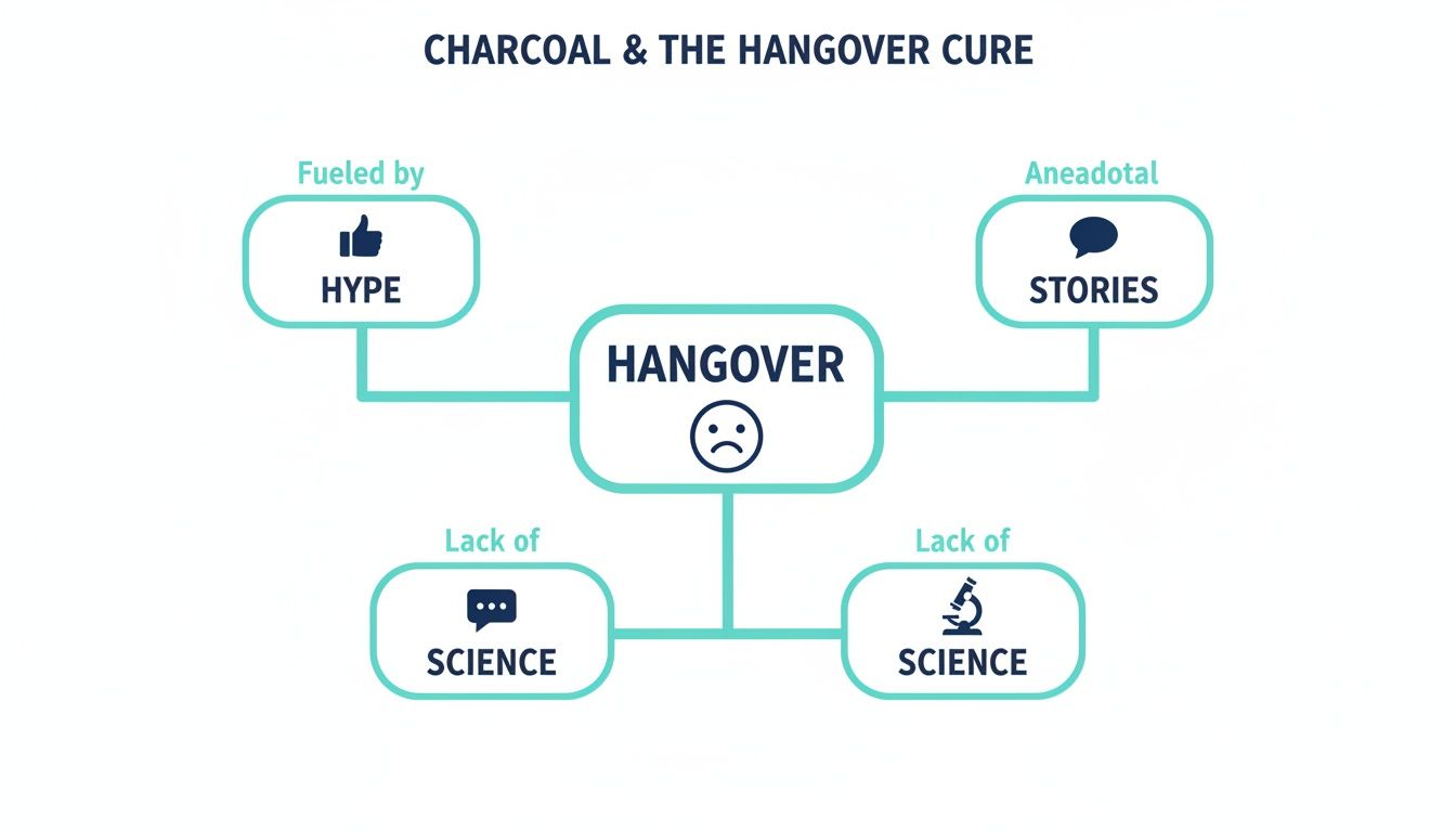 Flowchart showing how charcoal hangover cures are fueled by hype and anecdotal stories, with a lack of scientific support.
