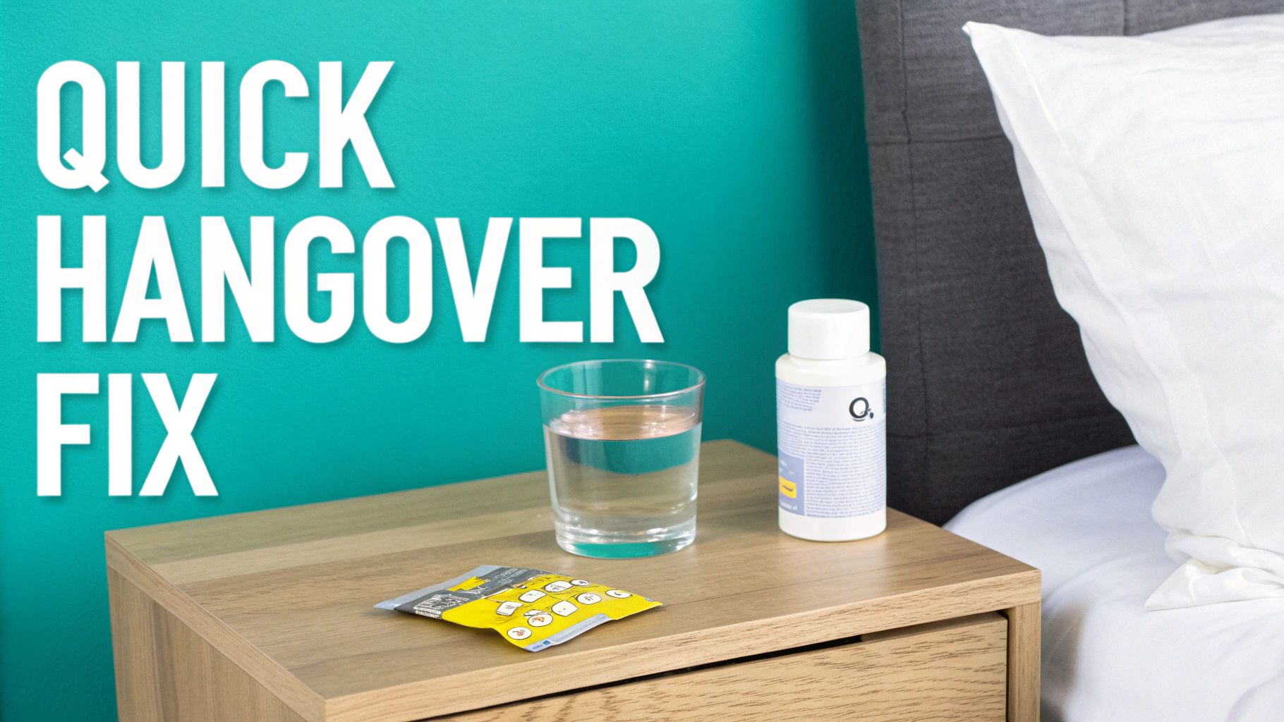 A nightstand with a glass of water, an oxygen bottle, and a pill packet for quick hangover relief.