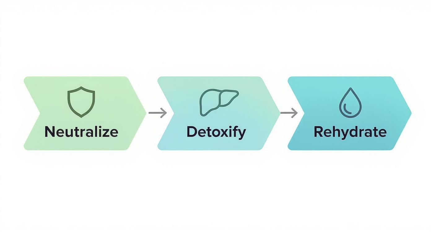 A three-step process diagram showing neutralize (shield), detoxify (liver), and rehydrate (water drop) for recovery.