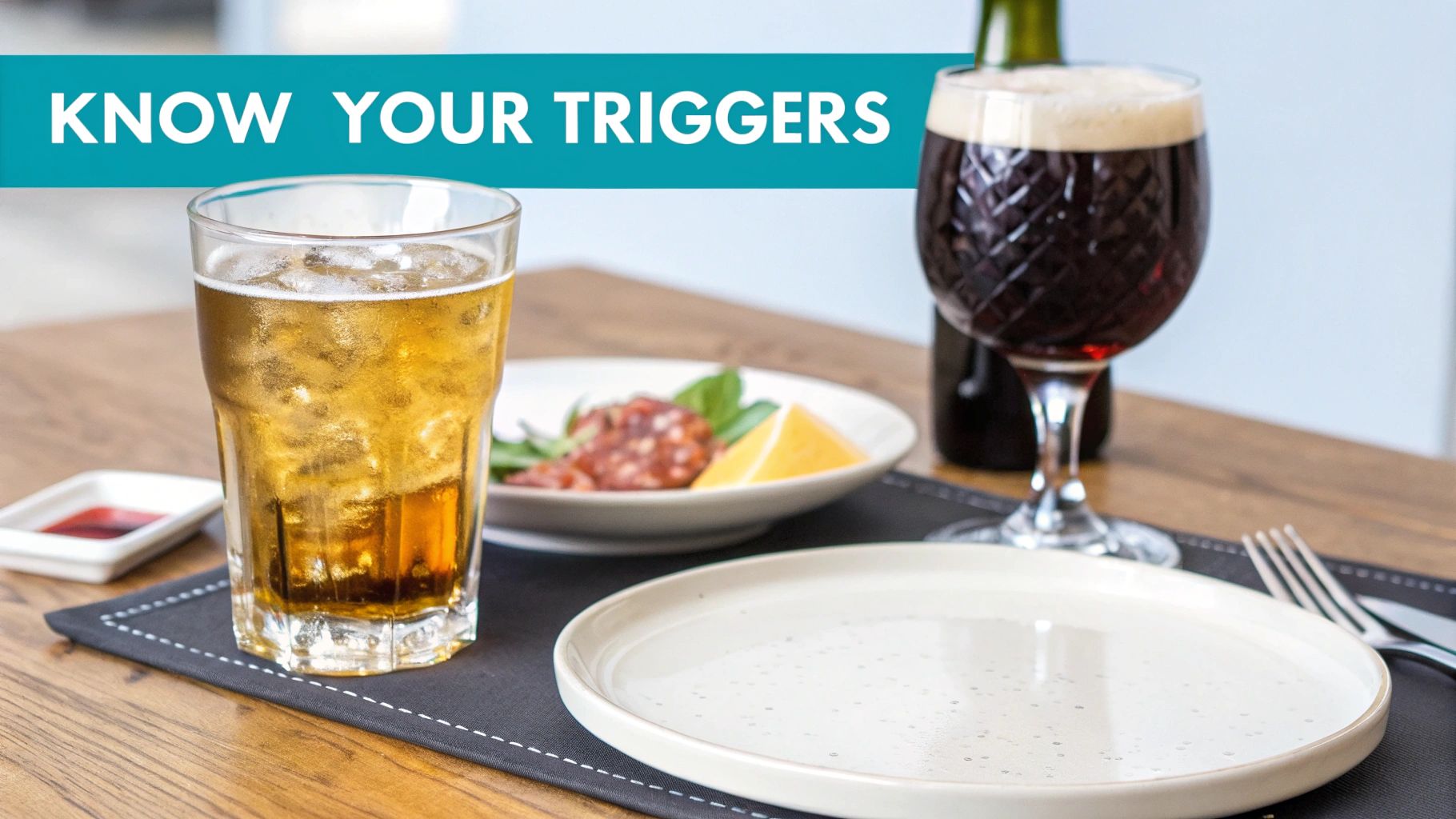 Two glasses of beer, food, and an empty plate on a wooden table with text 'KNOW YOUR TRIGGERS'.