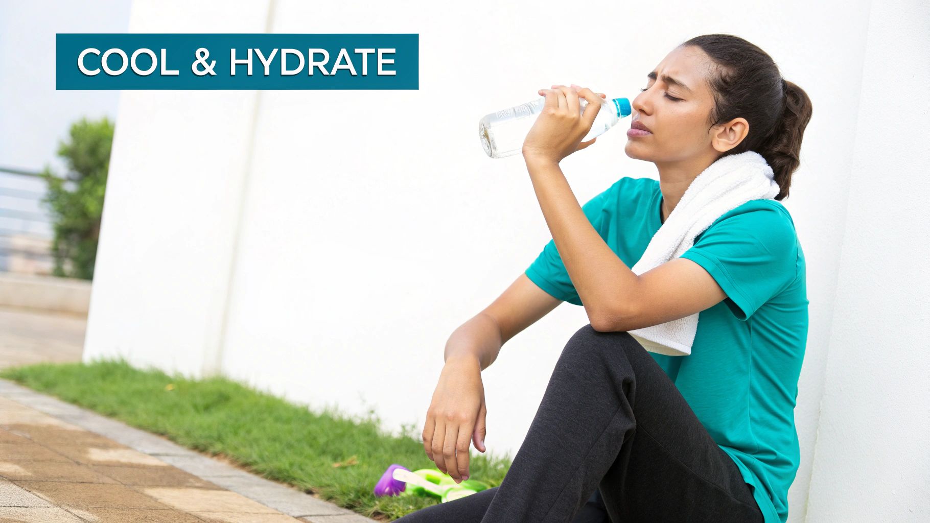 A tired woman in a teal shirt and black pants is drinking water after exercise, towel around her neck.