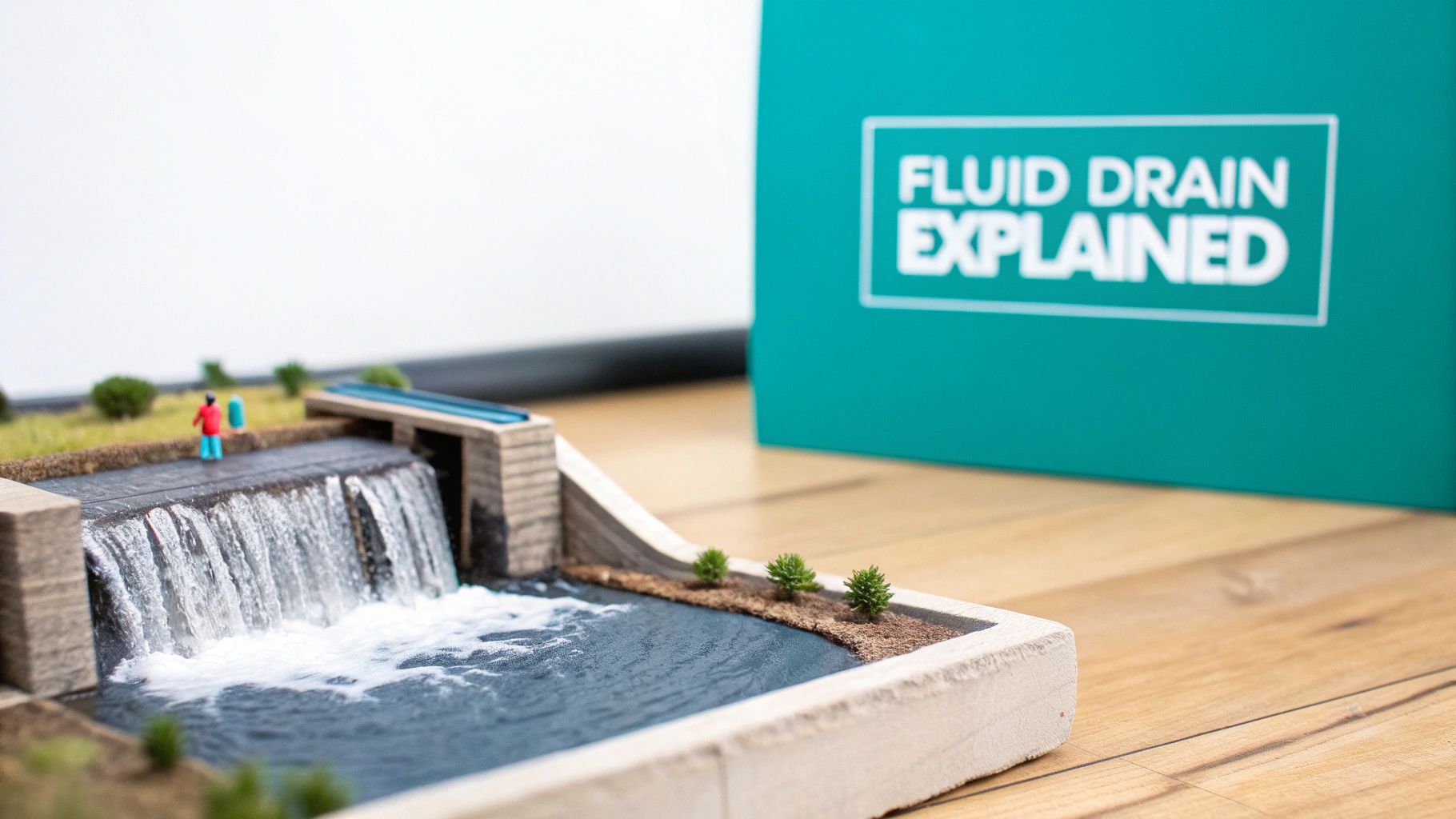 A miniature model of a dam and waterfall with two tiny figures, beside a box labeled 'FLUID DRAIN EXPLAINED'.