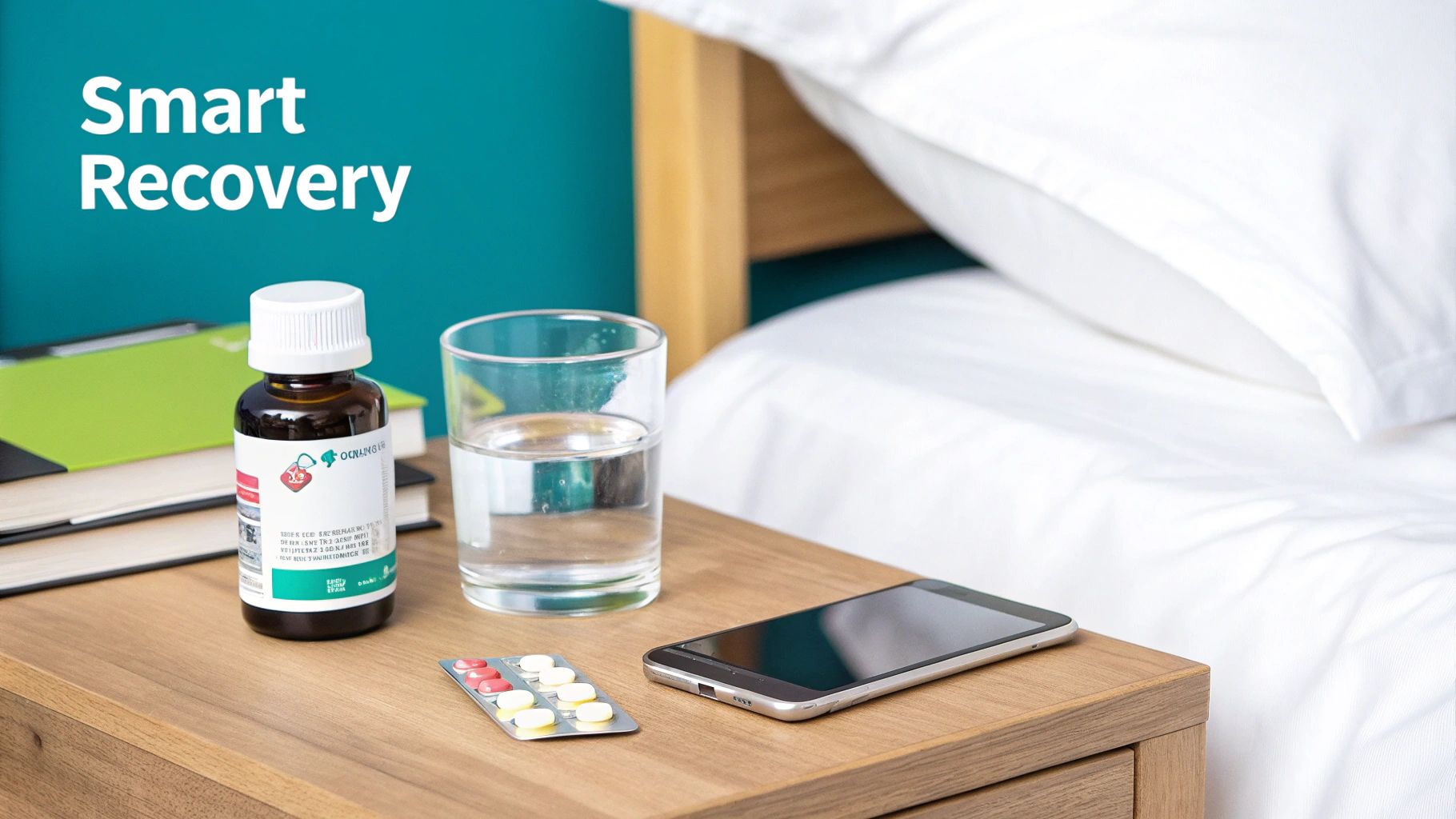 A bedside table with a medicine bottle, water glass, pills, and smartphone for recovery.