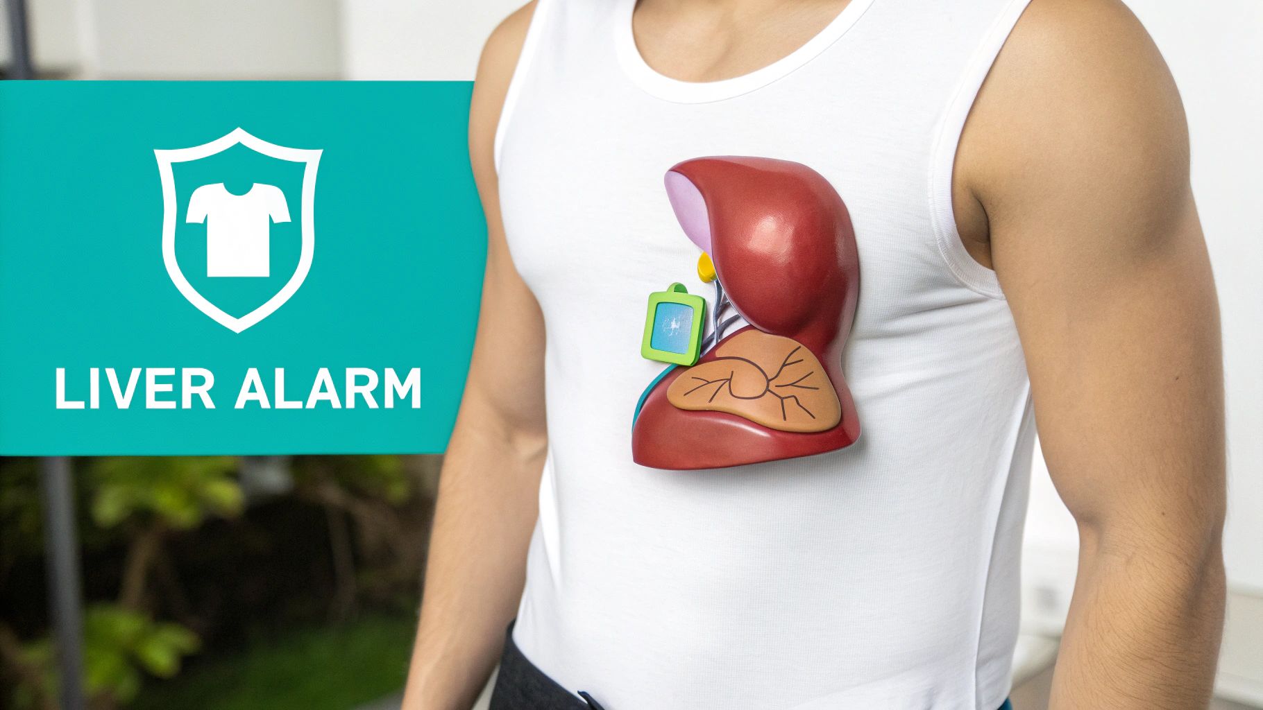 Man in a white tank top with a liver model and monitor, next to a 'LIVER ALARM' sign.