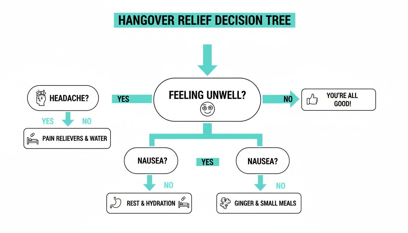 A flowchart illustrating a hangover relief decision tree based on symptoms like headache and nausea.