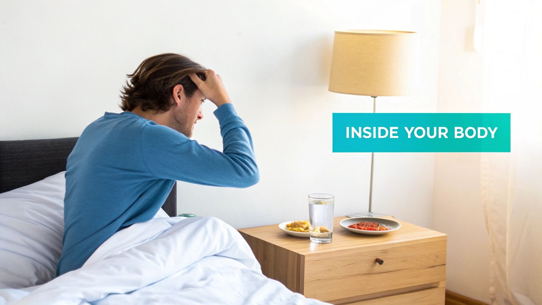 A man sits up in bed, holding his head, with water and food on a nightstand, suggesting morning discomfort.