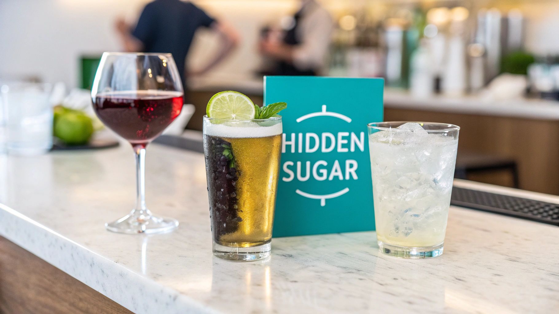 Three drinks: red wine, beer with fruit, and a clear cocktail, on a bar with a 'Hidden Sugar' sign.