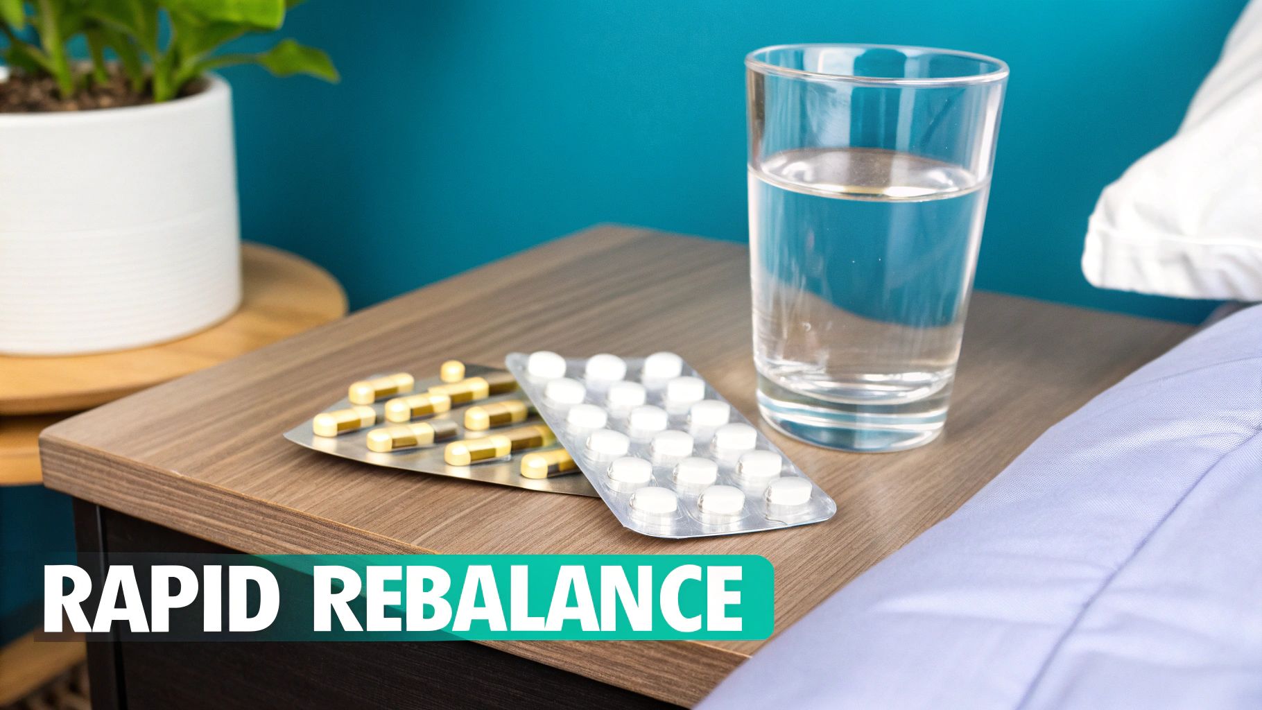 Blister packs of medication and a glass of water on a nightstand, ready for use.