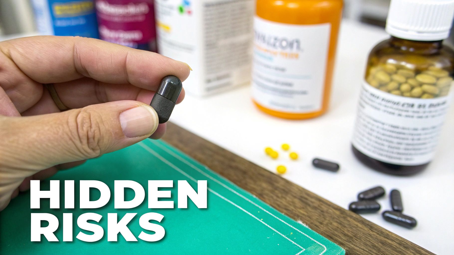 A hand holds a black charcoal pill, with blurred medicine bottles and yellow pills in the background.