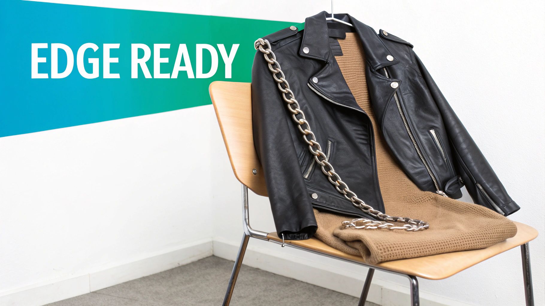 A stylish black leather jacket with a silver chain draped over a brown knitted sweater on a chair.