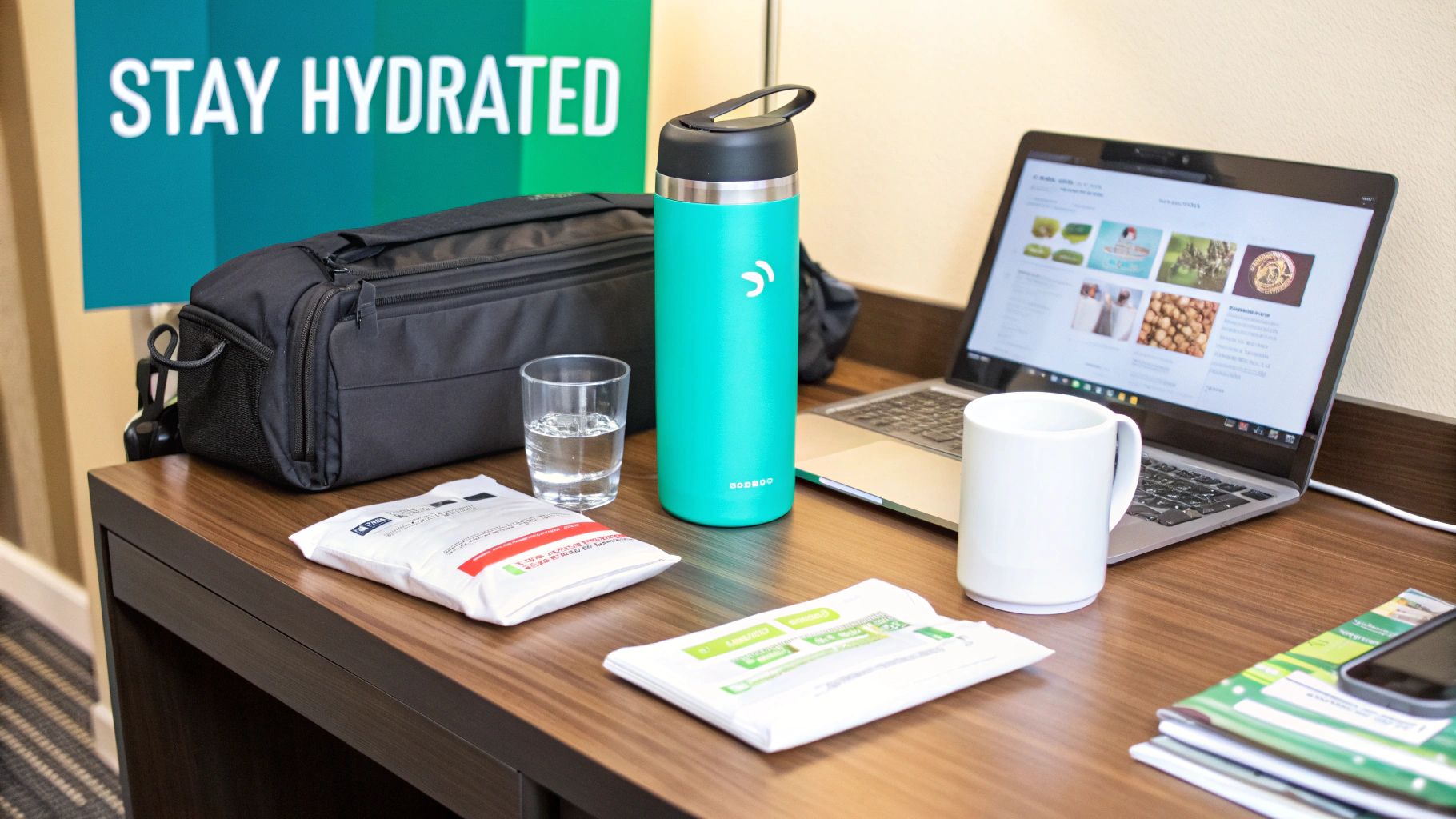 Desk setup with a laptop, teal water bottle, travel bag, and snacks, emphasizing hydration.